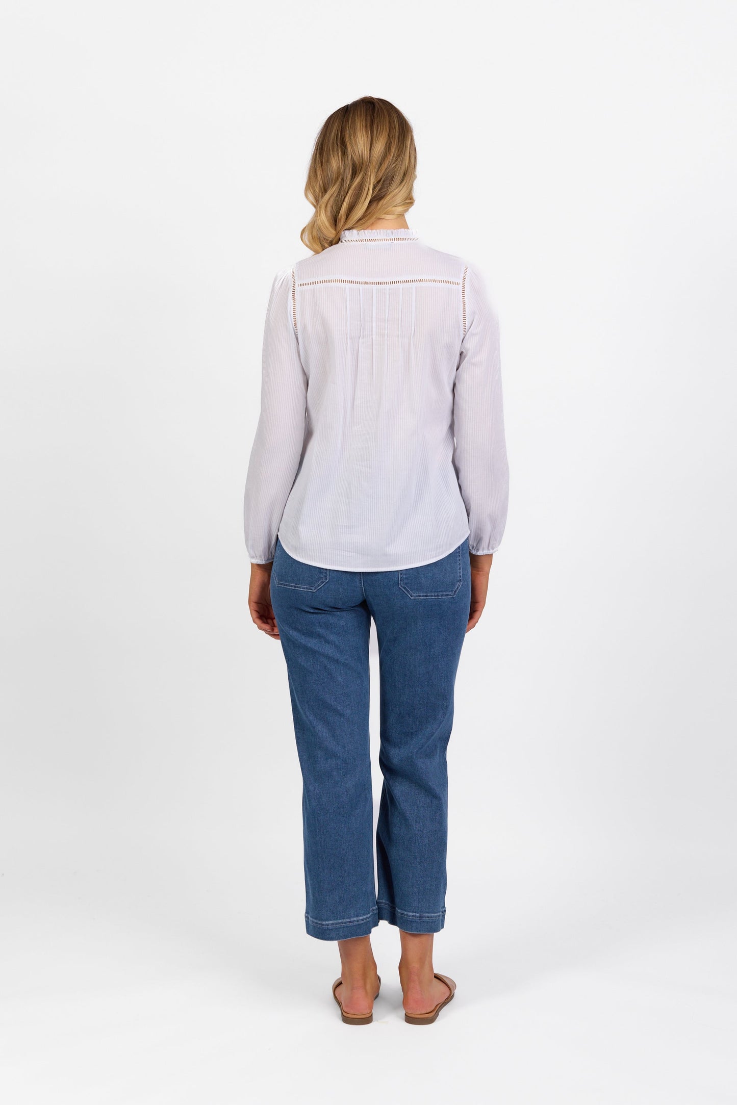 4453 White - Long Sleeve Shirt with Frill Collar and Pintuck Front - Vassalli
