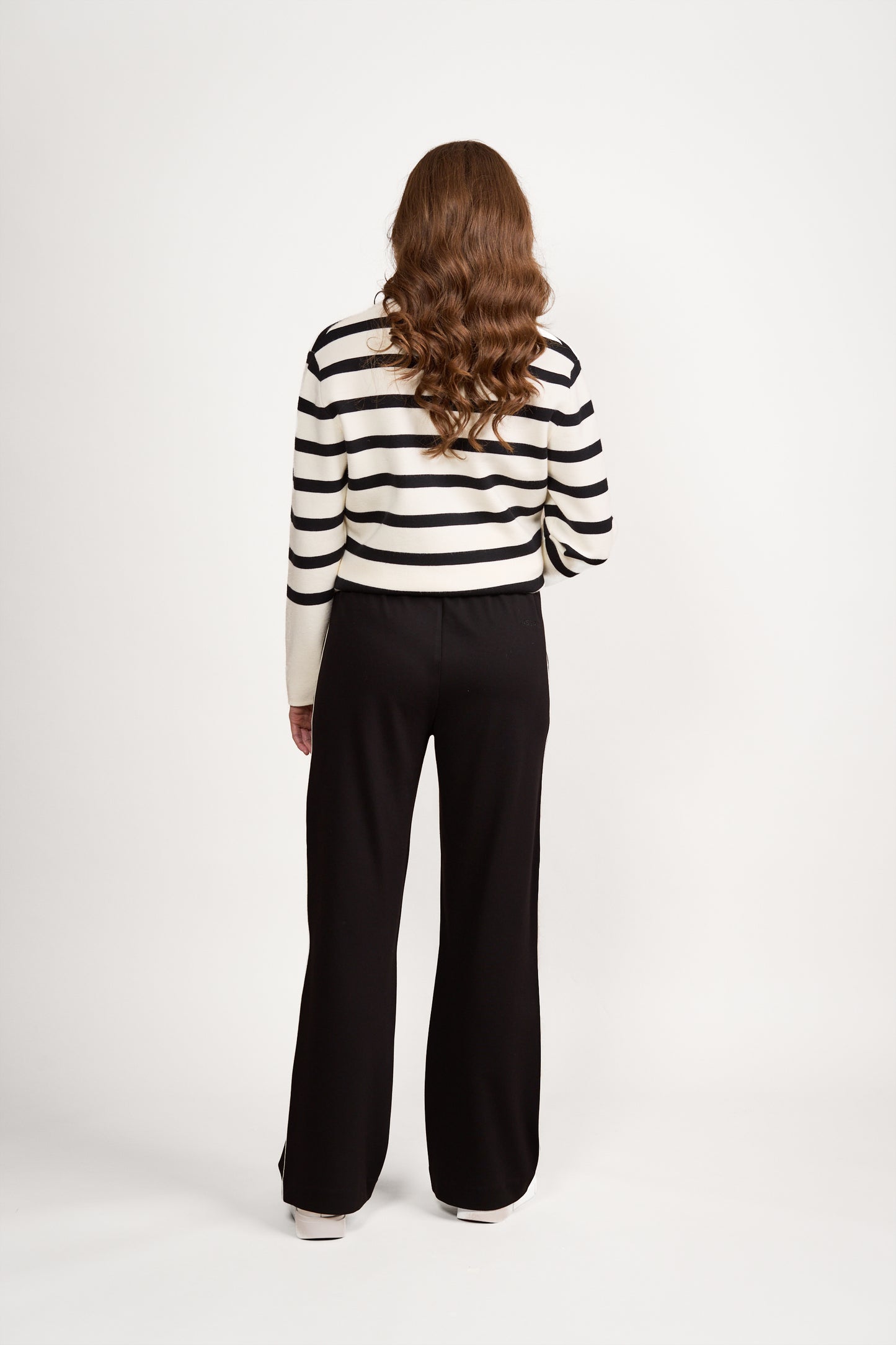 5006 Black - Wide Leg Full Length Pant with Side Stripe Panel - Vassalli