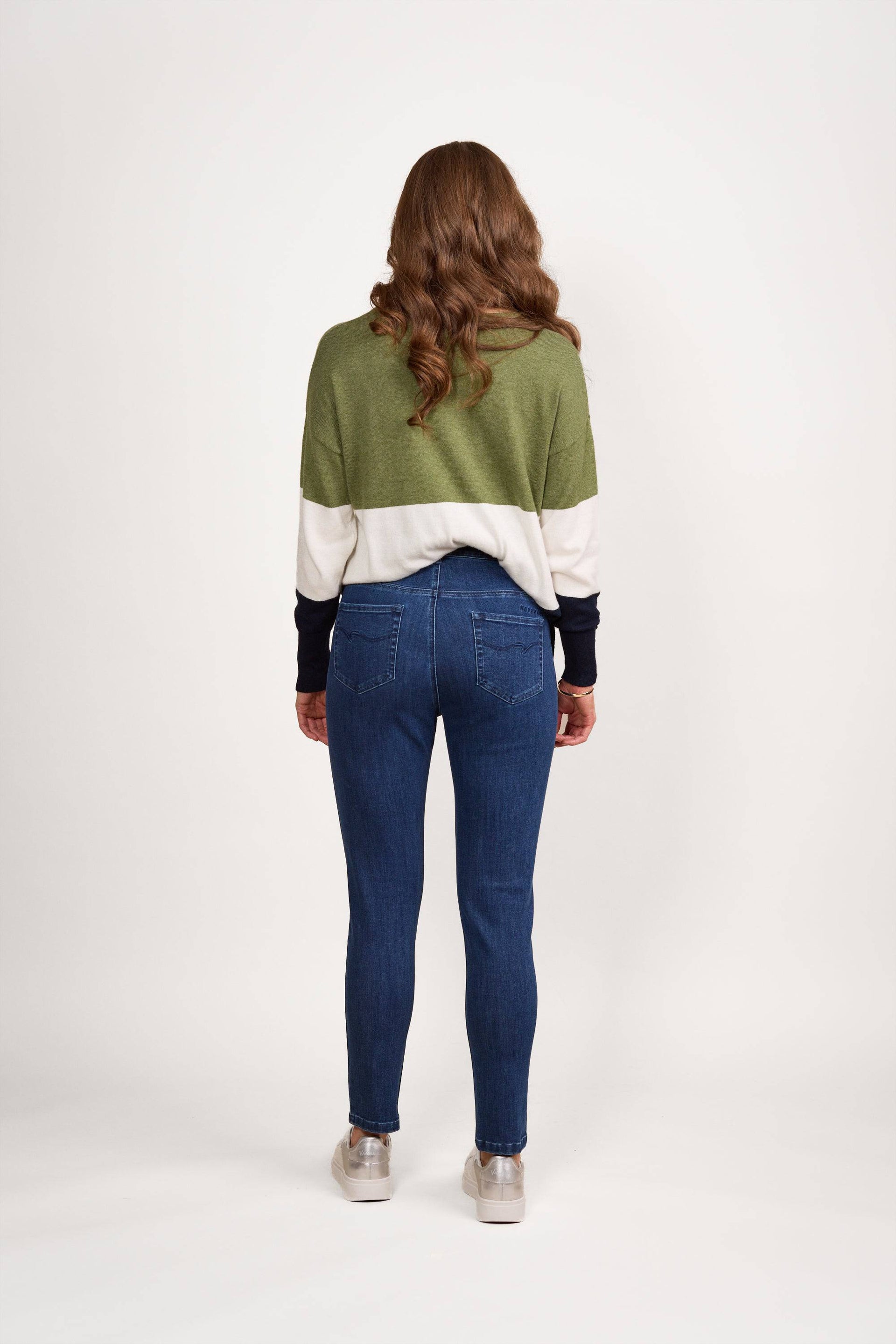 5009 Blue Denim - Skinny Leg Ankle Grazer Jean with Side Waistband Elastic - Vassalli