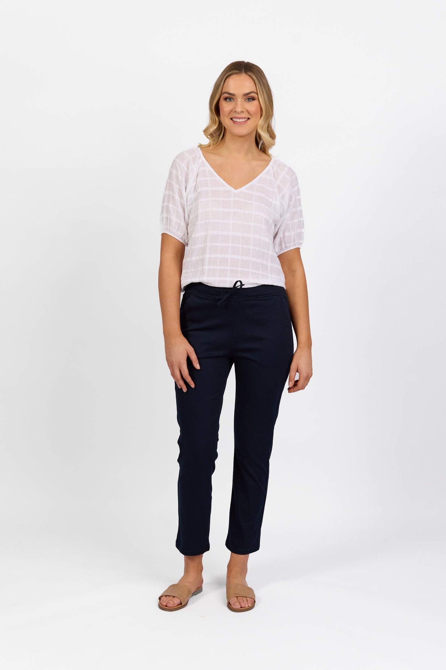 5011LW Navy - Plain Slim Leg Ankle Grazer Lightweight Pull On Pant - Vassalli
