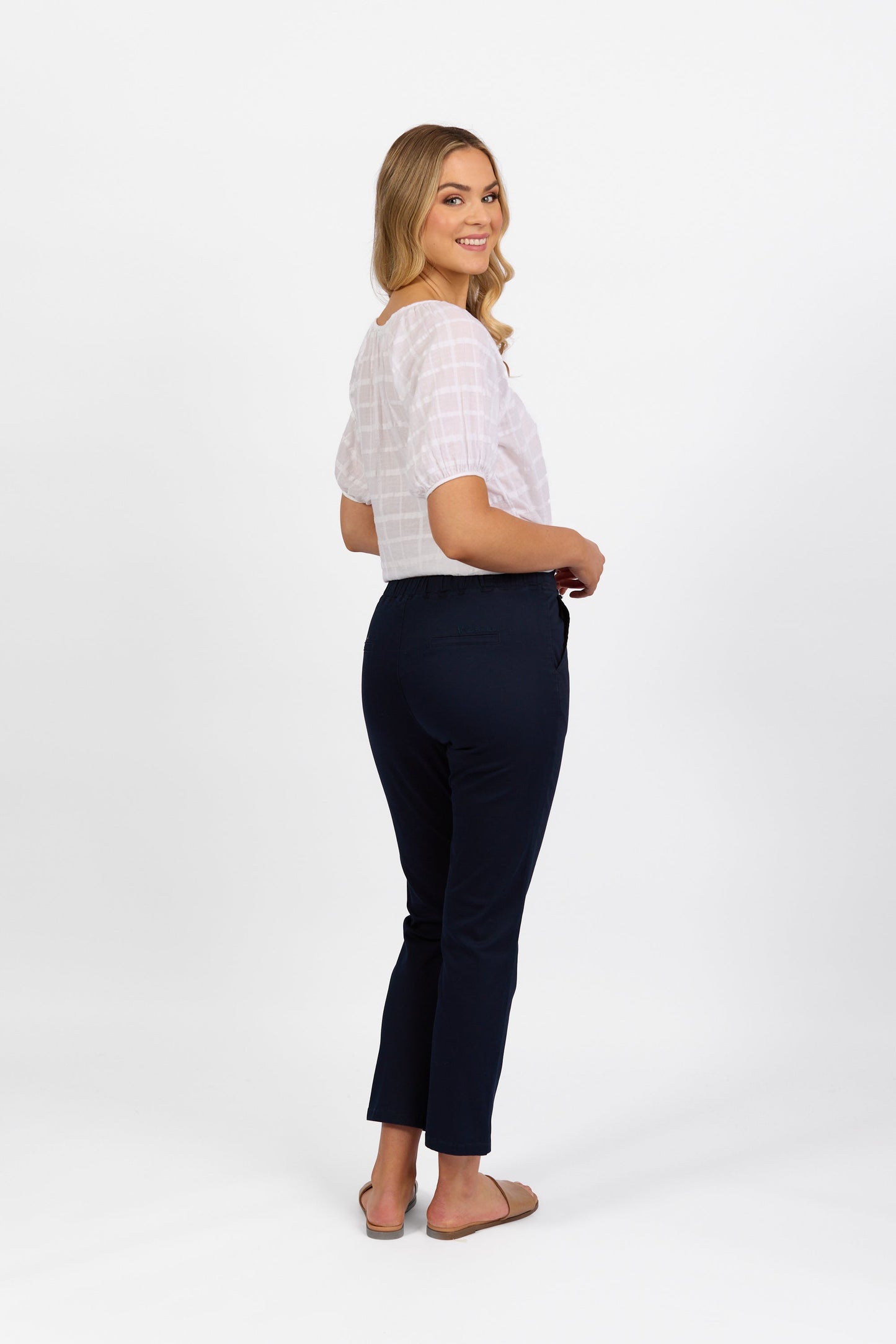 5011LW Navy - Plain Slim Leg Ankle Grazer Lightweight Pull On Pant - Vassalli