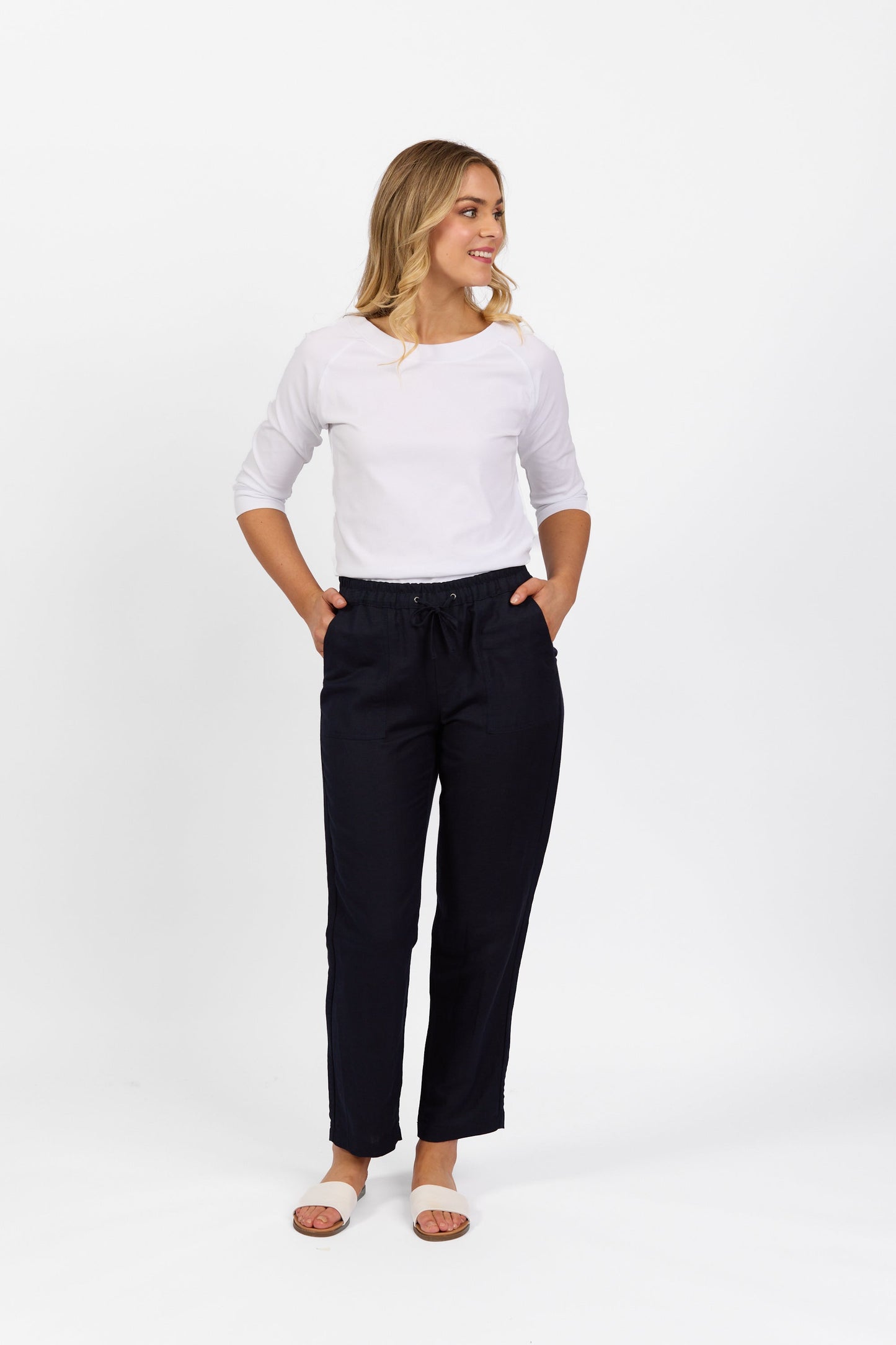 5016 Ink - Slim Leg Ankle Grazer Pant with Full Elastic Waistband - Vassalli