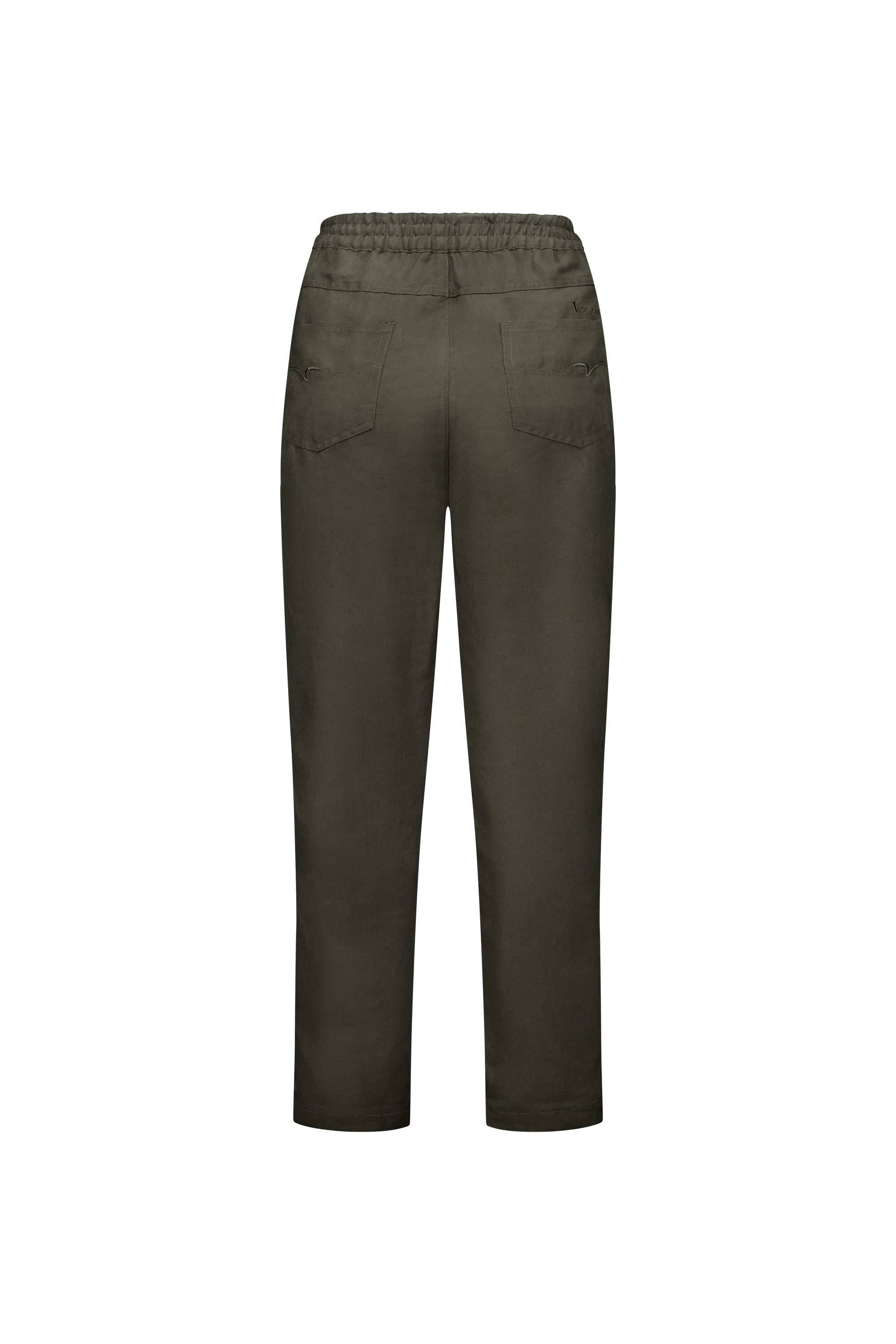 5016 Khaki - Slim Leg Ankle Grazer Pant with Full Elastic Waistband - Vassalli