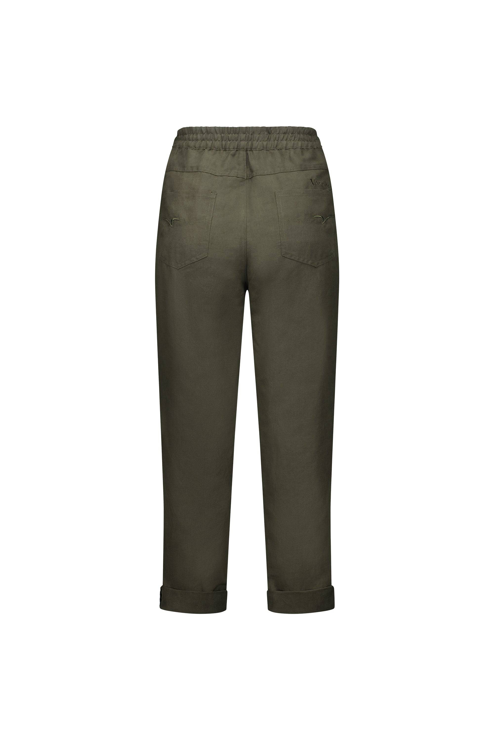 5016 Khaki - Slim Leg Ankle Grazer Pant with Full Elastic Waistband - Vassalli