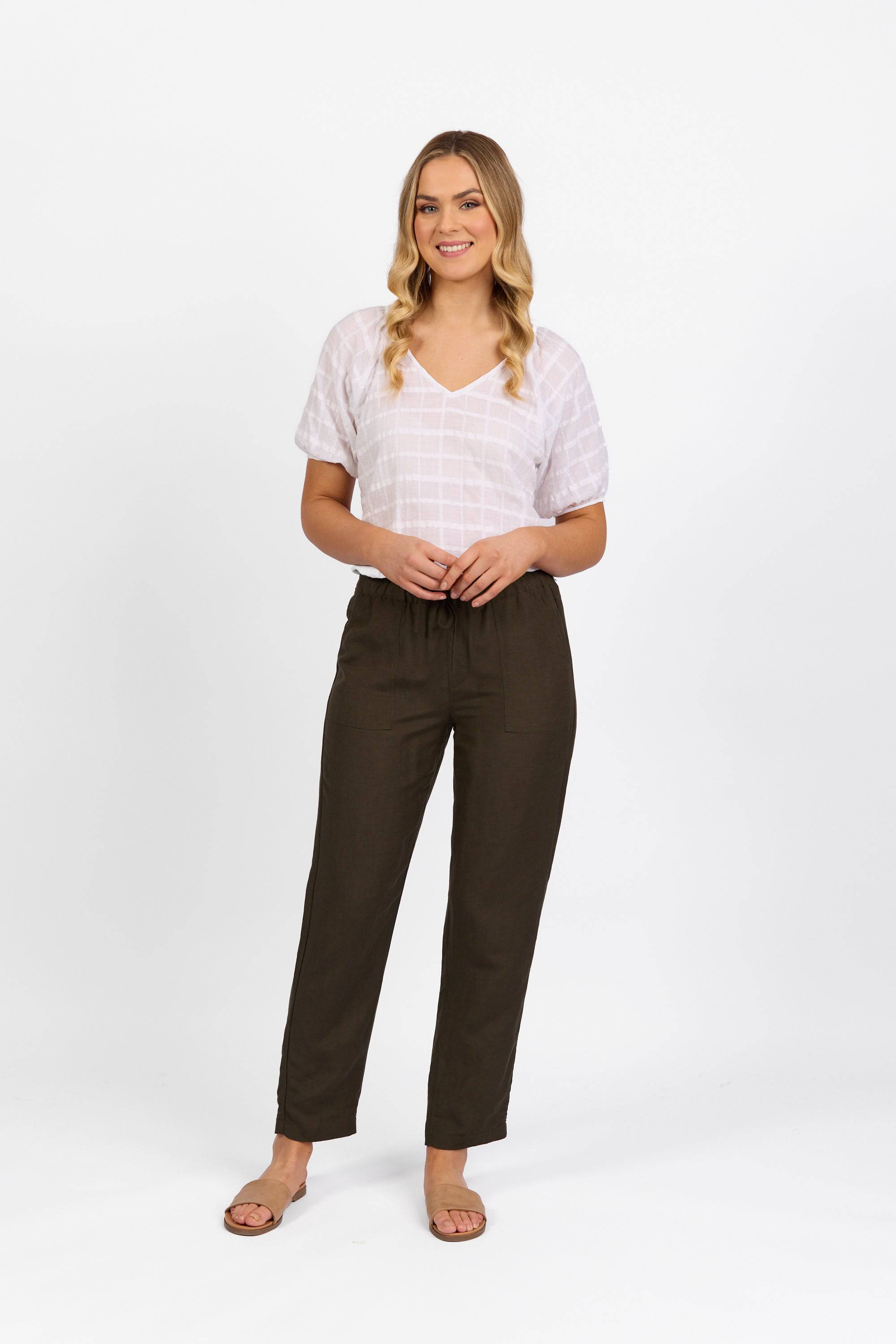 5016 Khaki - Slim Leg Ankle Grazer Pant with Full Elastic Waistband - Vassalli