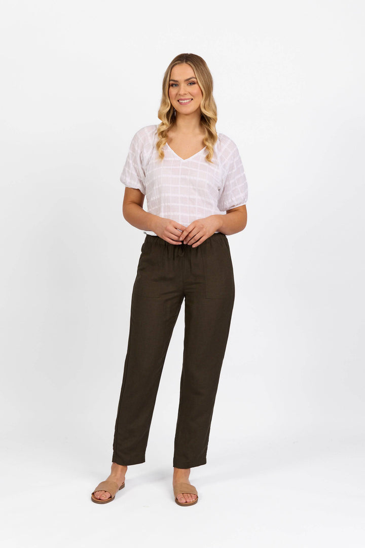 5016 Khaki - Slim Leg Ankle Grazer Pant with Full Elastic Waistband - Vassalli