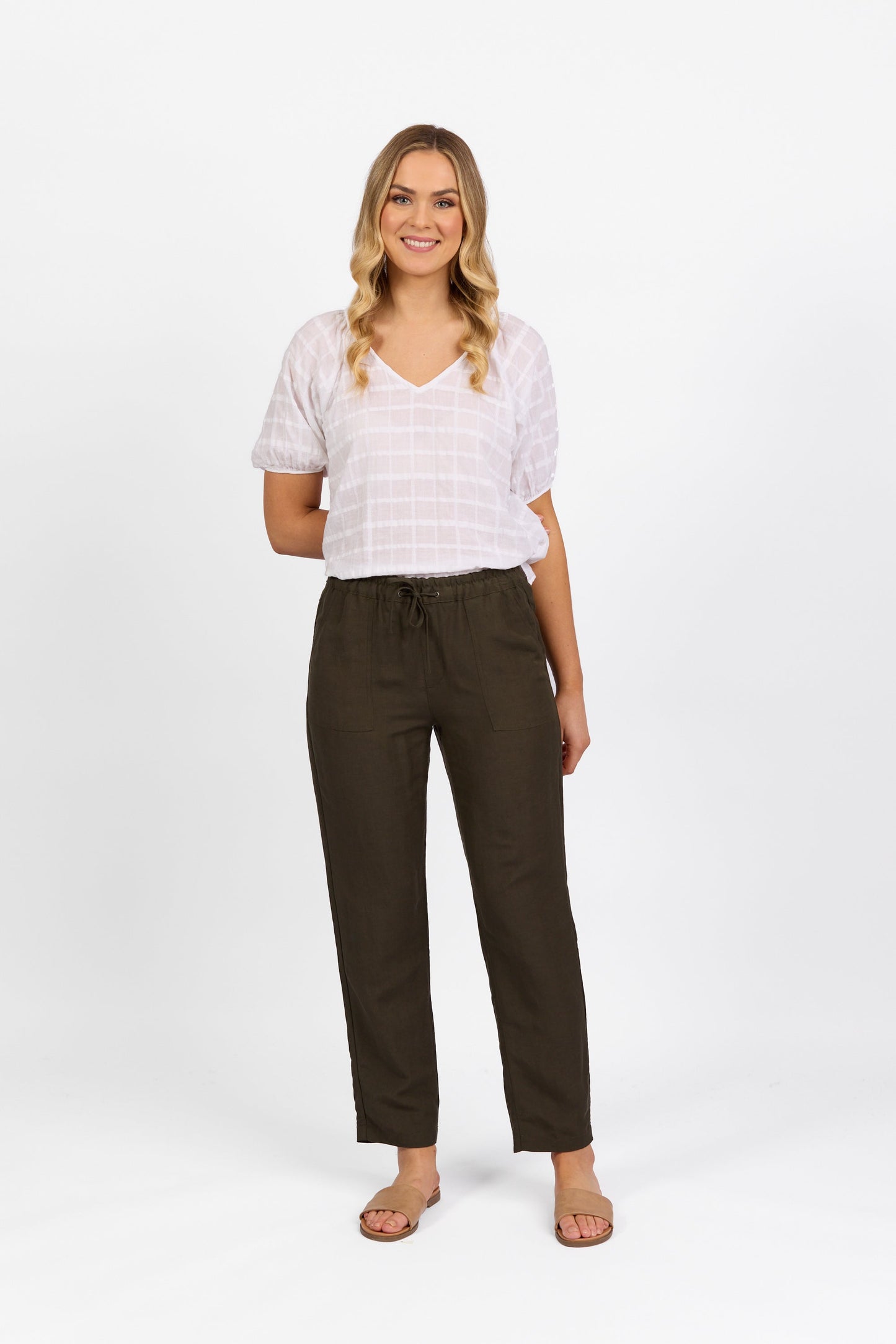 5016 Khaki - Slim Leg Ankle Grazer Pant with Full Elastic Waistband - Vassalli