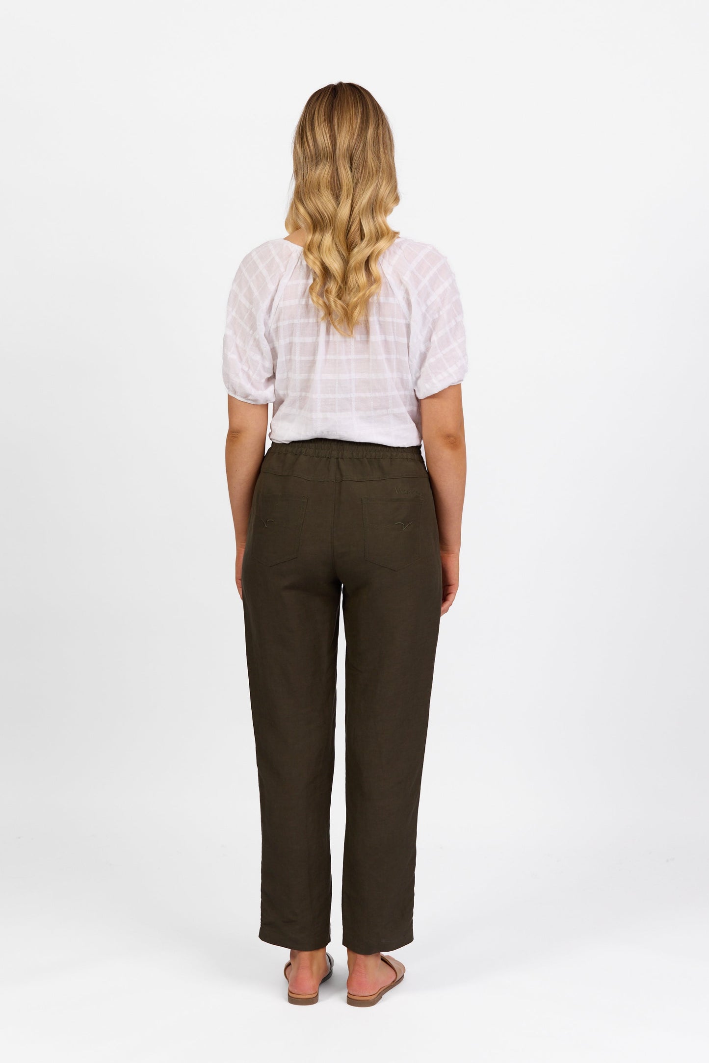 5016 Khaki - Slim Leg Ankle Grazer Pant with Full Elastic Waistband - Vassalli