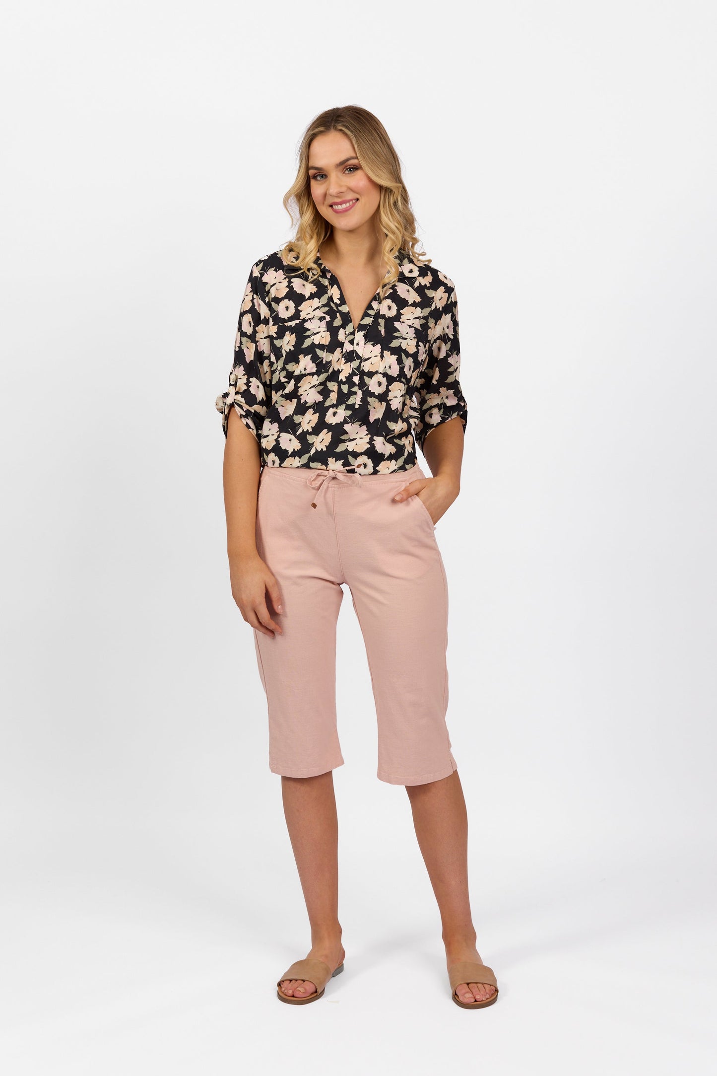5789 Soft Pink - Below Knee Slim Leg Elastic Waist Pant - Vassalli
