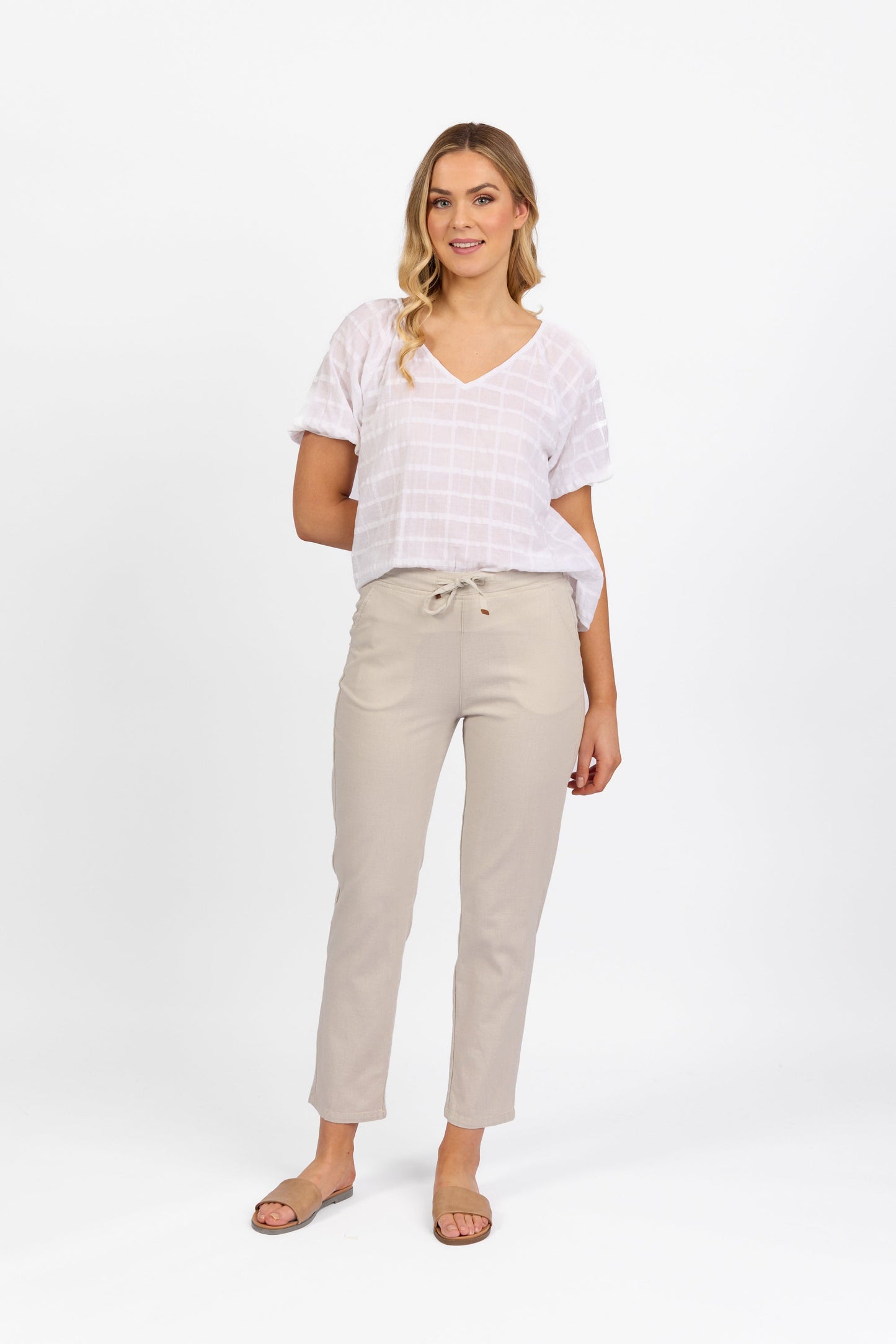 5791 Stone - Ankle Grazer Slim Leg Elastic Waist Pant - Vassalli