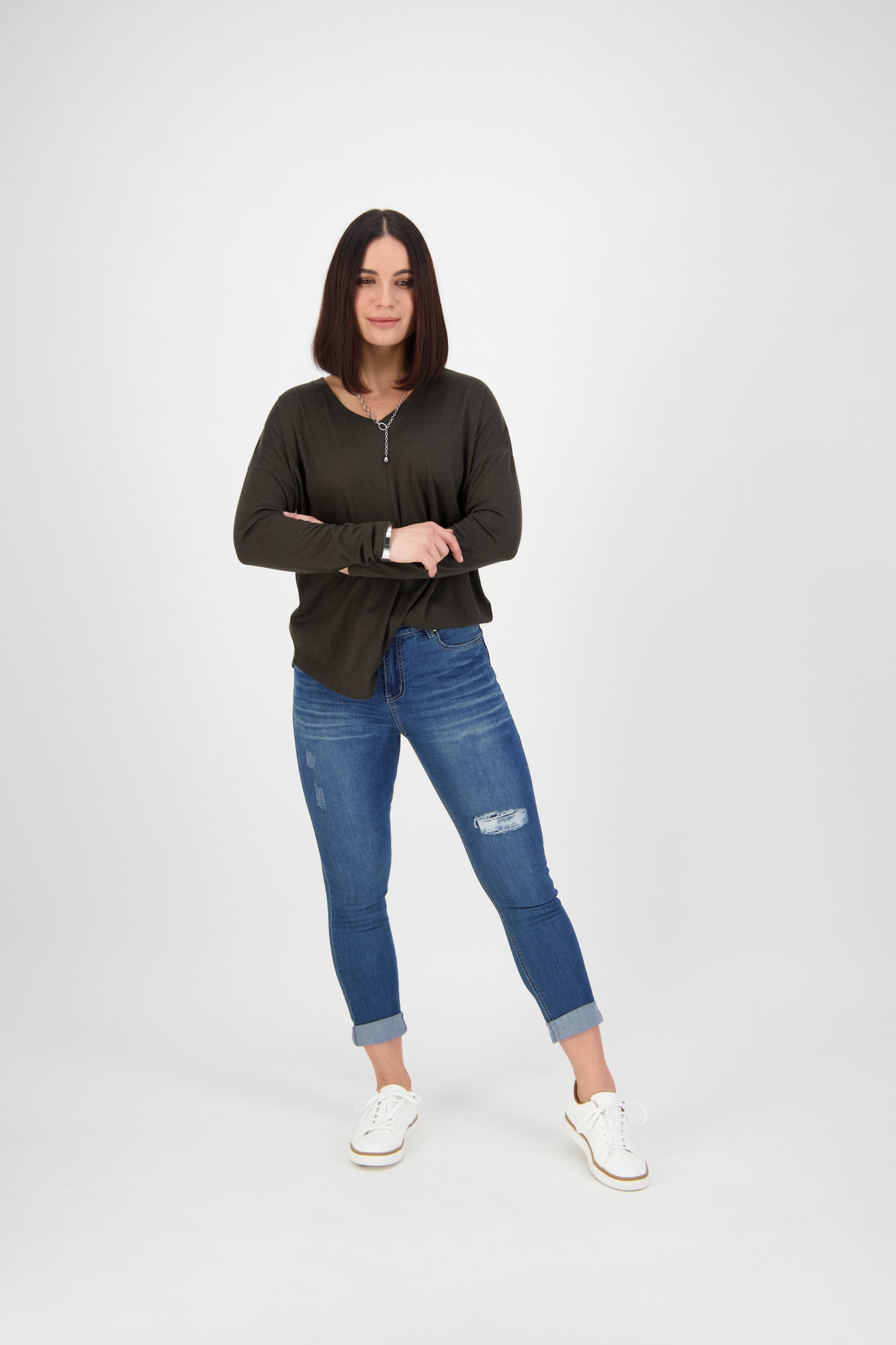5807 Blue Denim - Skinny Leg Ankle Grazer Jean with Folded Cuff - Vassalli