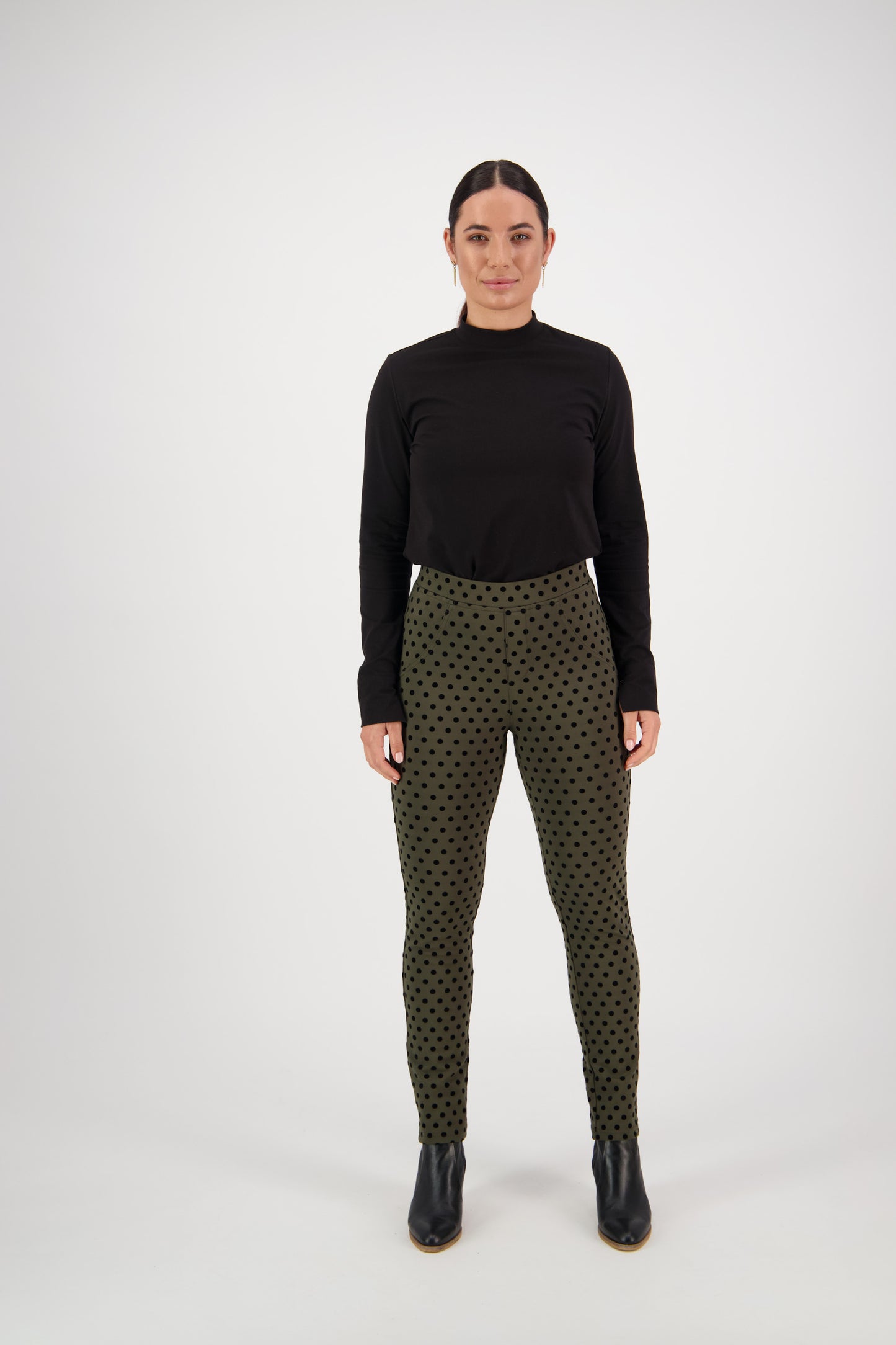 5903 Khaki - Skinny Leg Ankle Grazer Printed Ponti Pull On