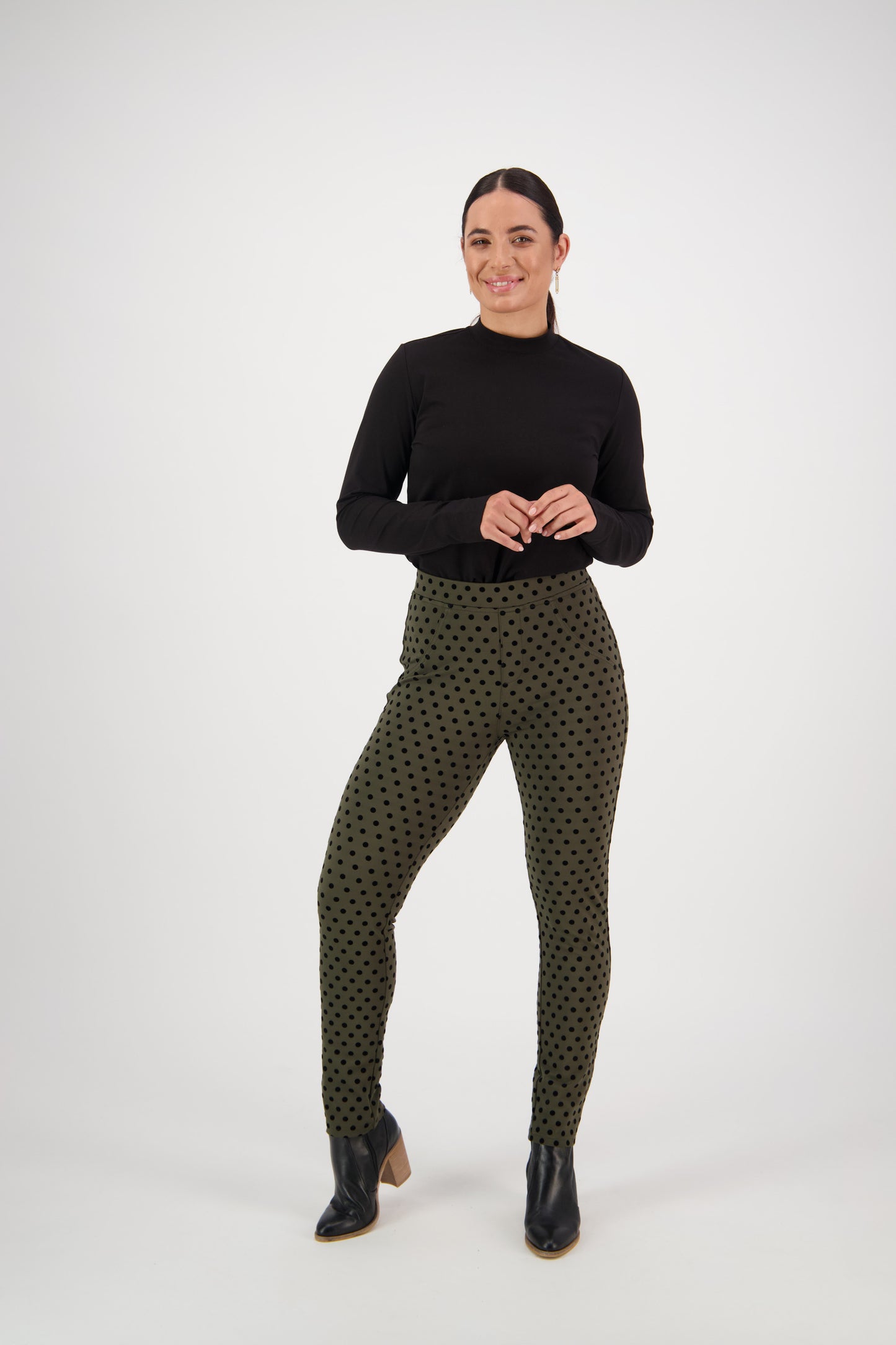 5903 Khaki - Skinny Leg Ankle Grazer Printed Ponti Pull On