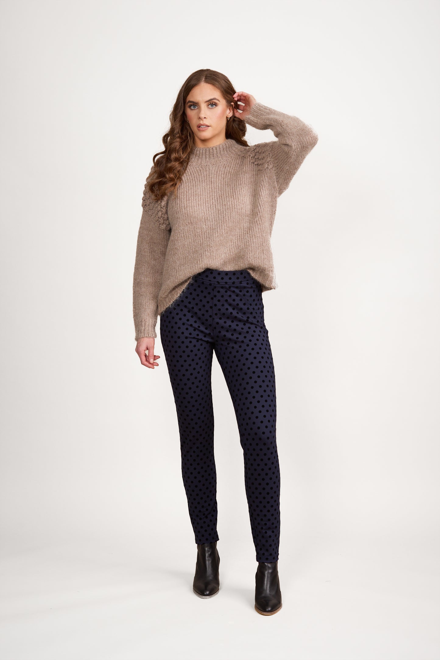 5903 Navy - Skinny Leg Ankle Grazer Printed Ponti Pull On