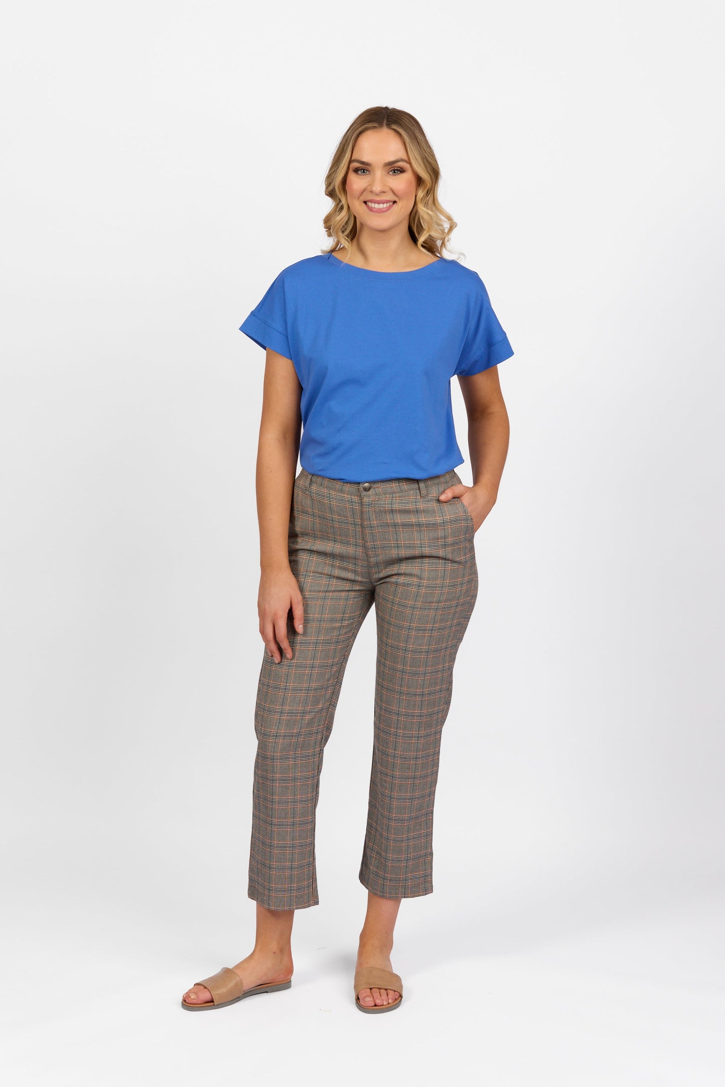 5963A Tangerine Check - Slim Leg 7/8 Pant with Fly and Elastic Back Waistband - Vassalli