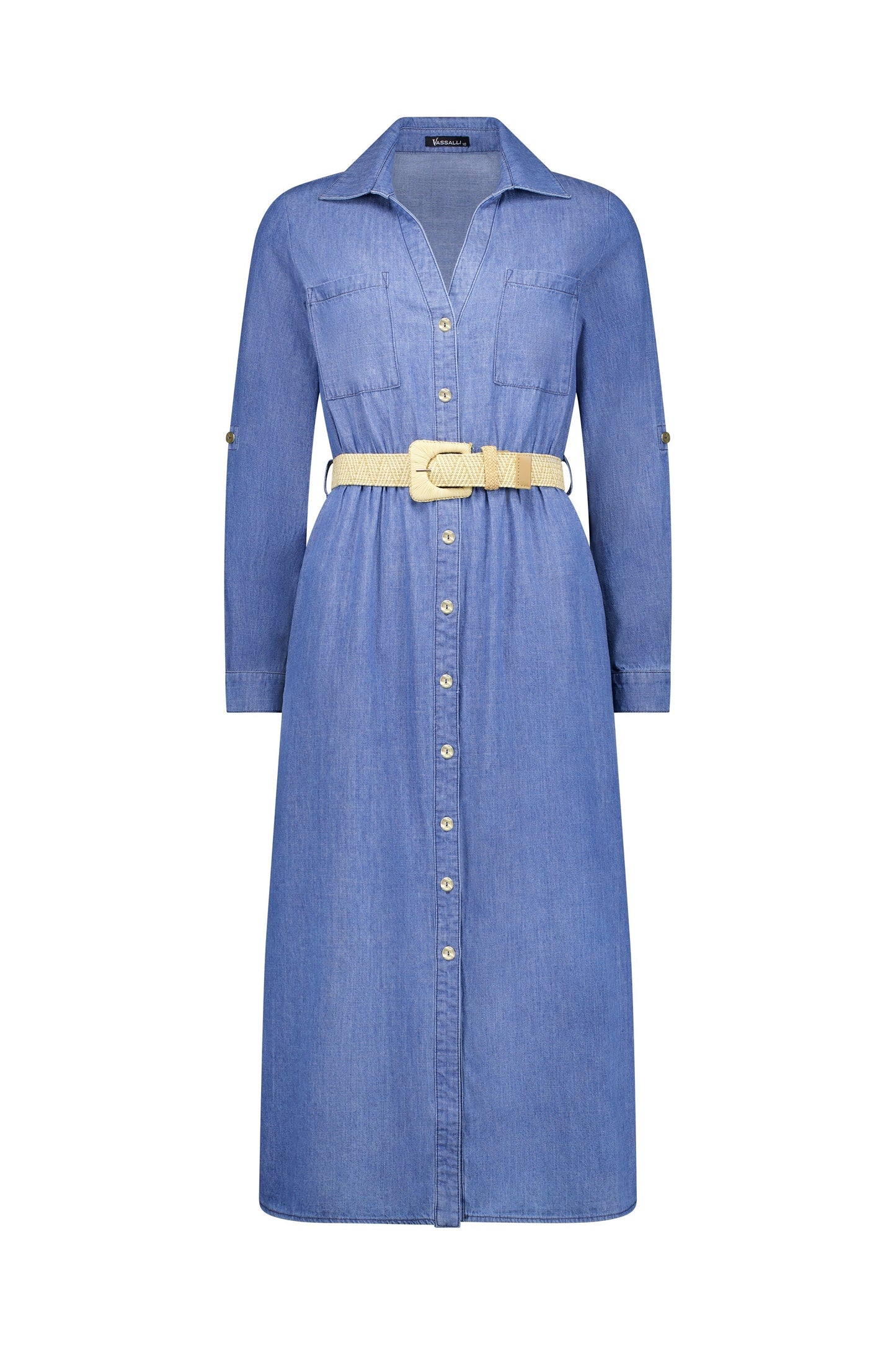 6100 Blue Wash - Long Sleeve Shirt Dress with Sleeve Tab and Belt - Vassalli