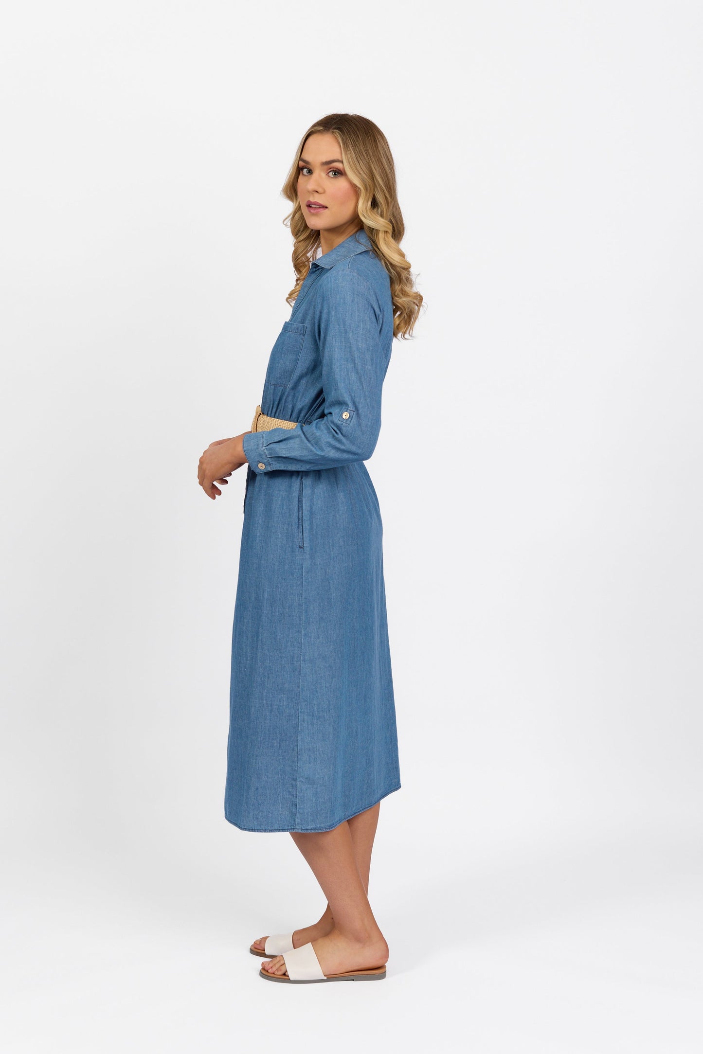 6100 Blue Wash - Long Sleeve Shirt Dress with Sleeve Tab and Belt - Vassalli