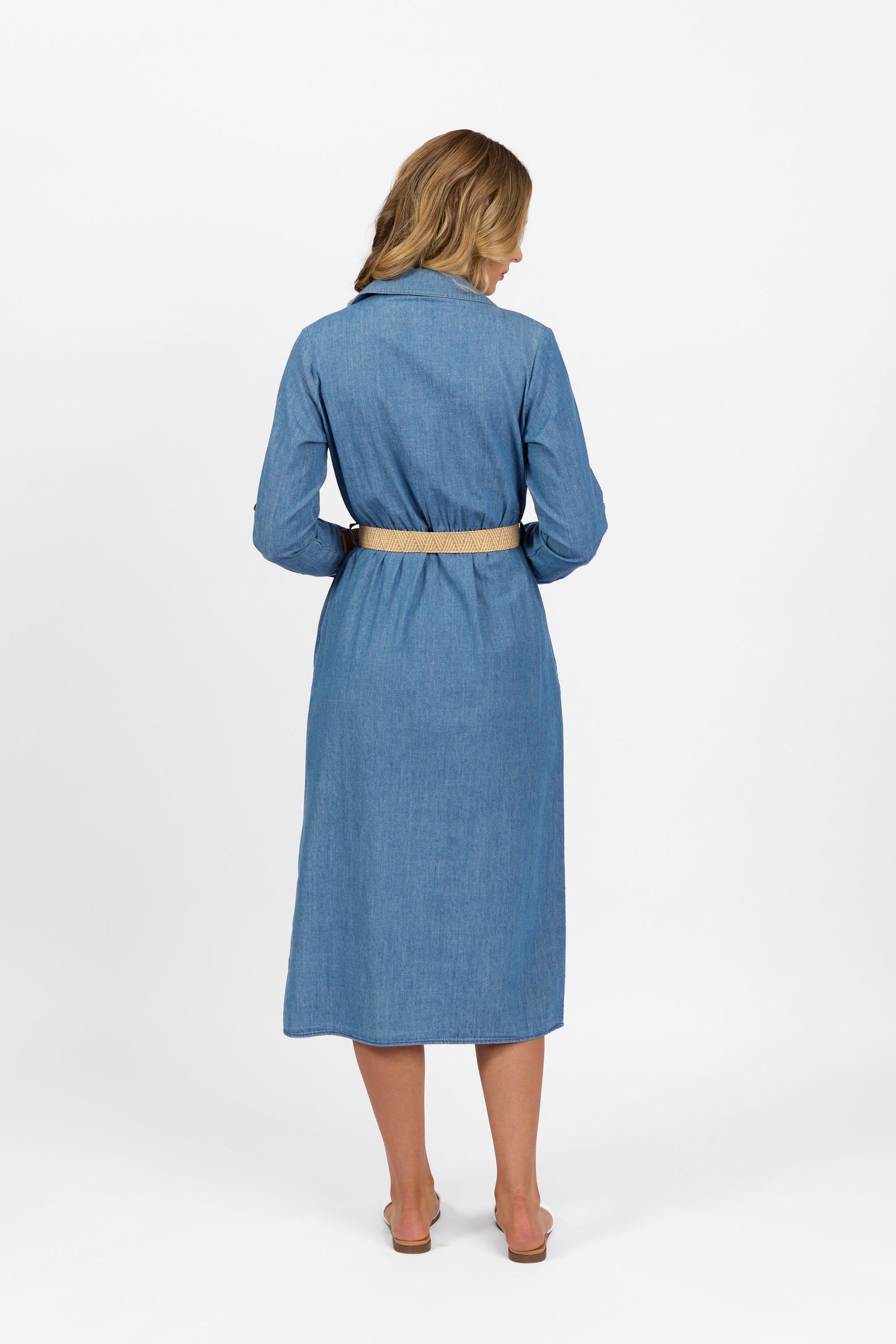 6100 Blue Wash - Long Sleeve Shirt Dress with Sleeve Tab and Belt - Vassalli