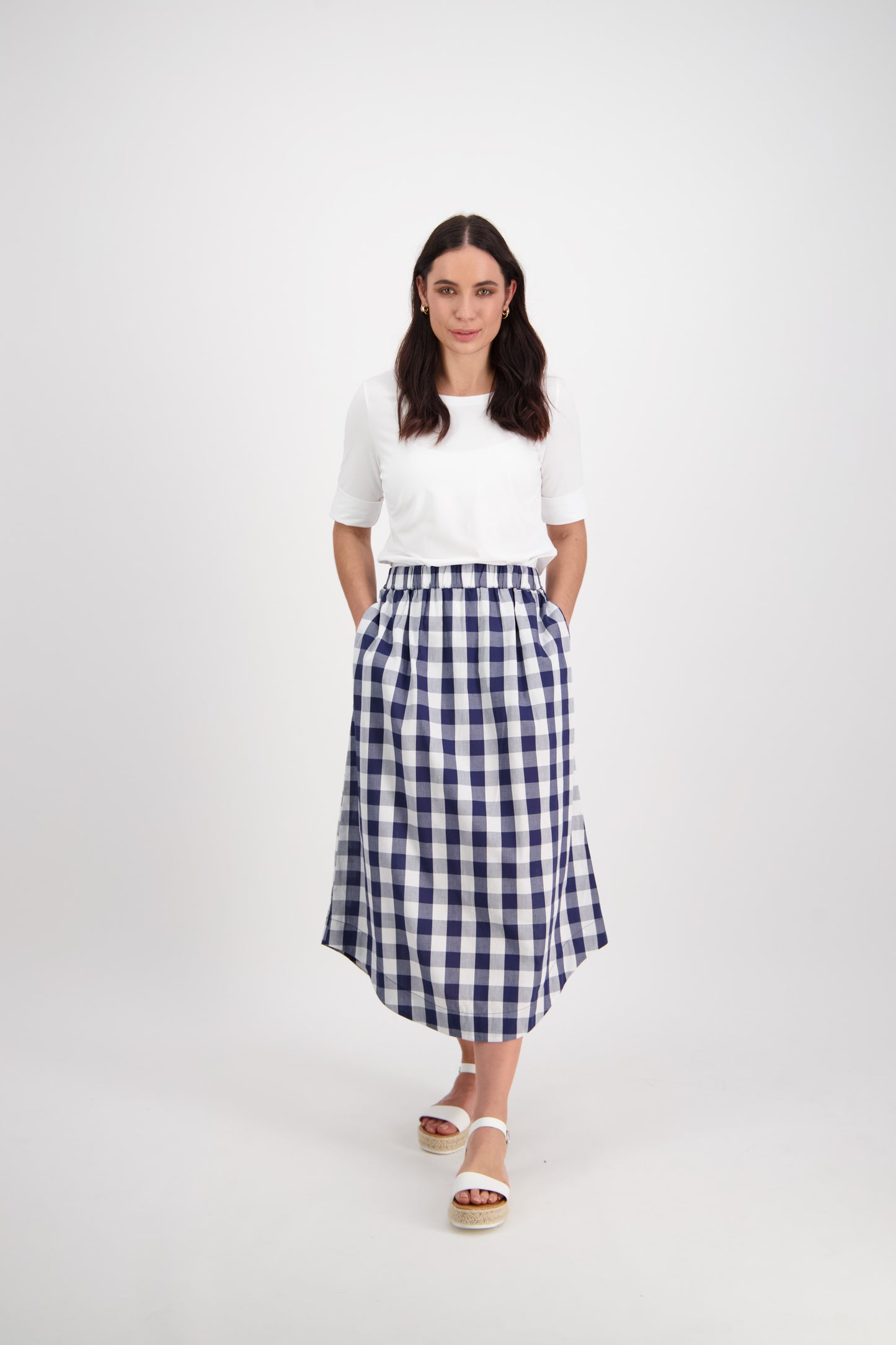 7045 Navy Check - Pull On Mid Length Skirt With Pockets
