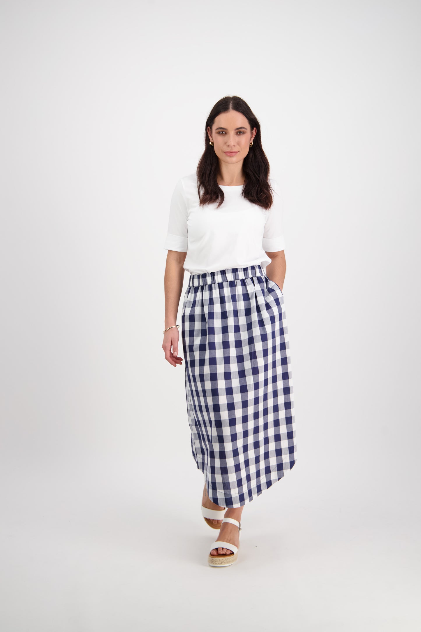 7045 Navy Check - Pull On Mid Length Skirt With Pockets