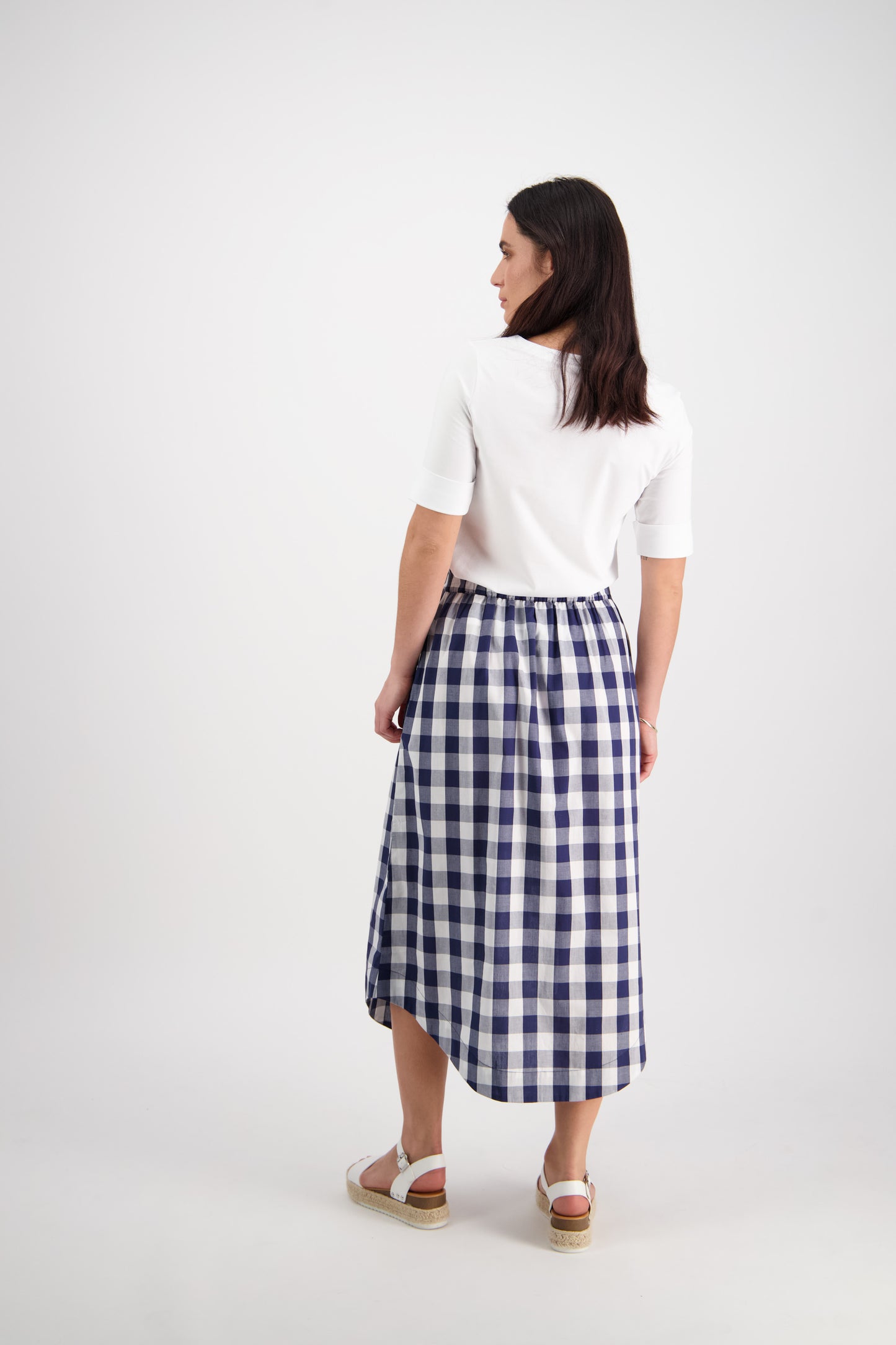 7045 Navy Check - Pull On Mid Length Skirt With Pockets