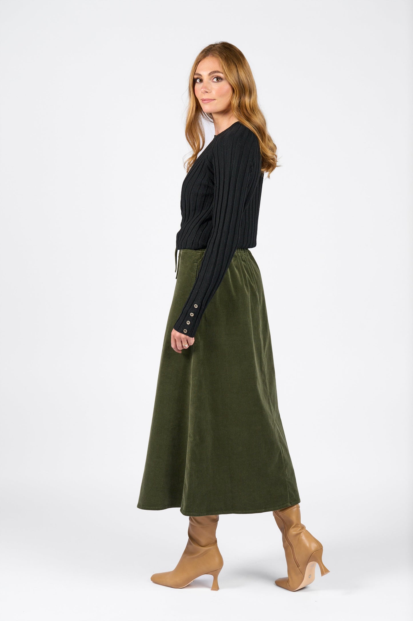 7060M Deep Sage - A Line Pull-On Cord Skirt with Drawcord - Vassalli