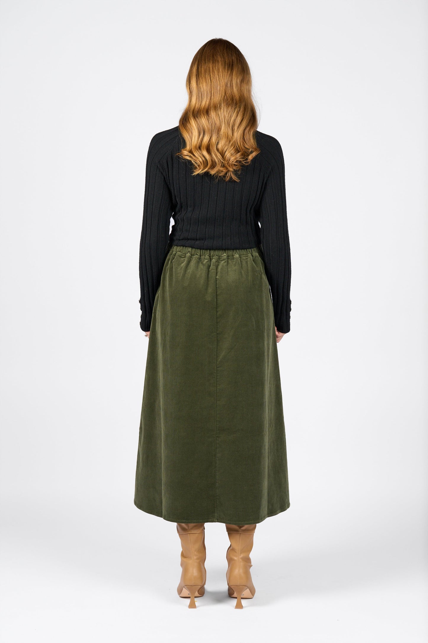 7060M Deep Sage - A Line Pull-On Cord Skirt with Drawcord - Vassalli