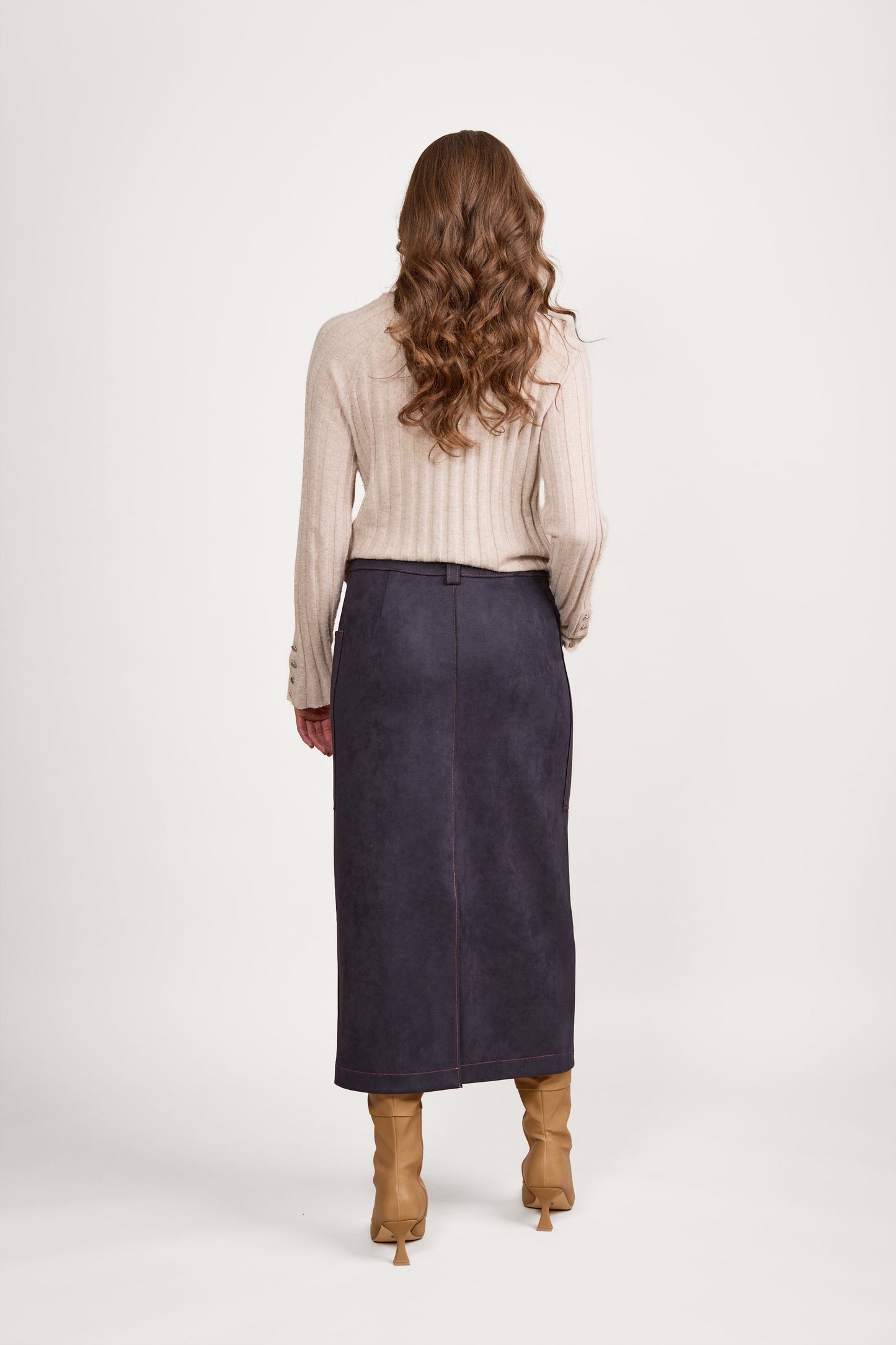 7063 Ink - Mid Length Skirt with Centre Back Split - Vassalli