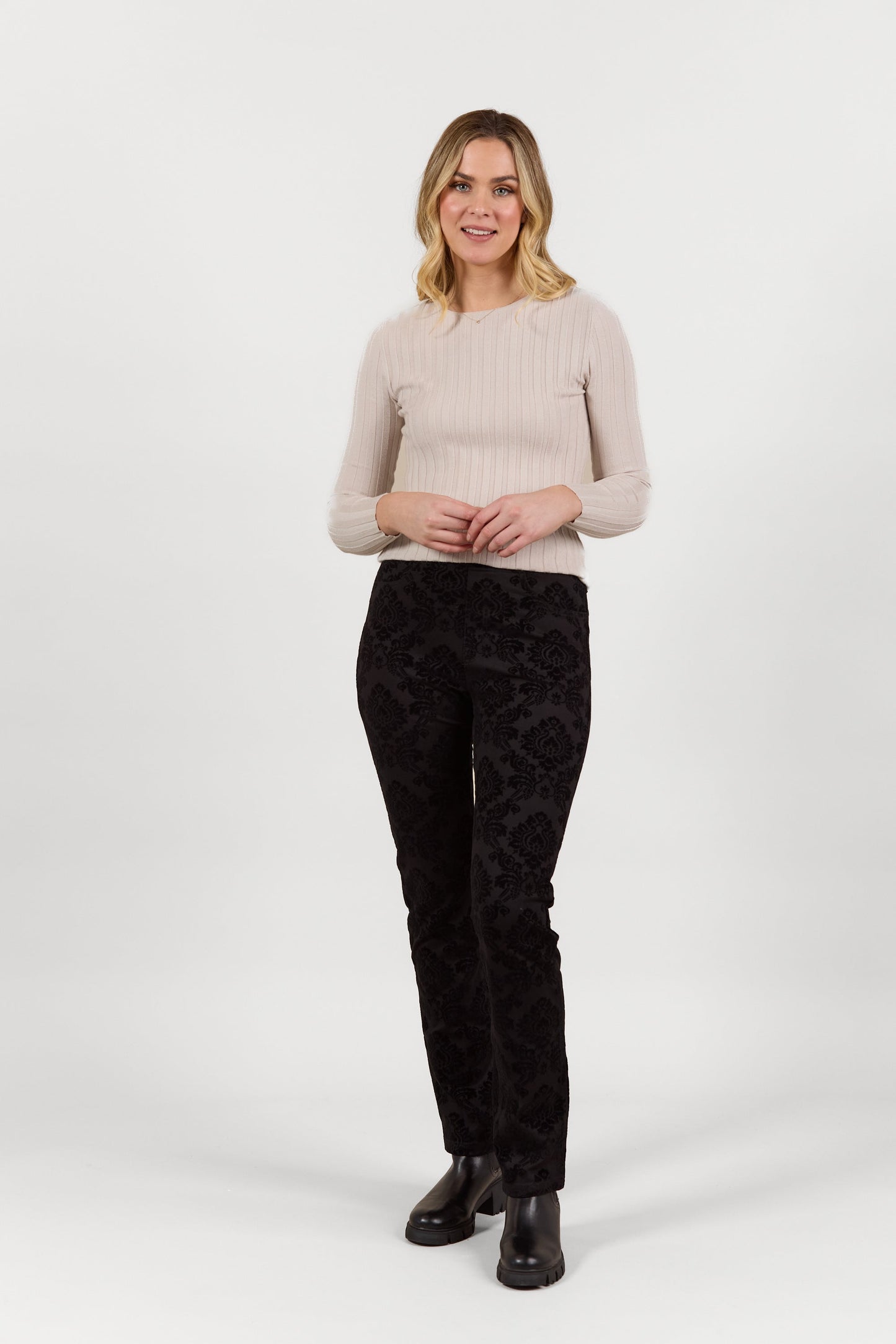 S234 Paris - Slim Leg Full Length Printed Ponti Pull On with Flocking
