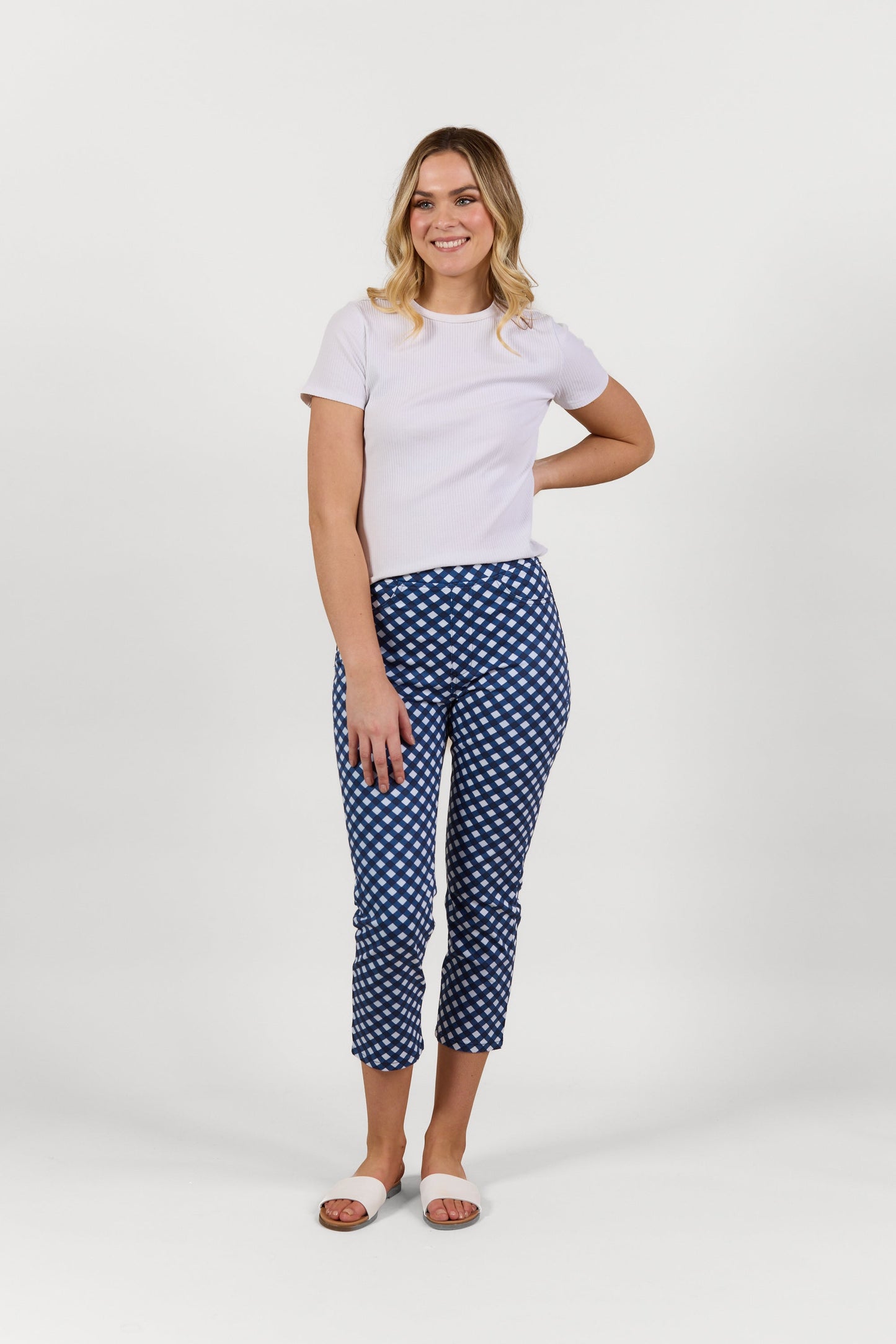 S274LW Navy/White - Slim Leg 7/8 Length Lightweight Pull On - Vassalli