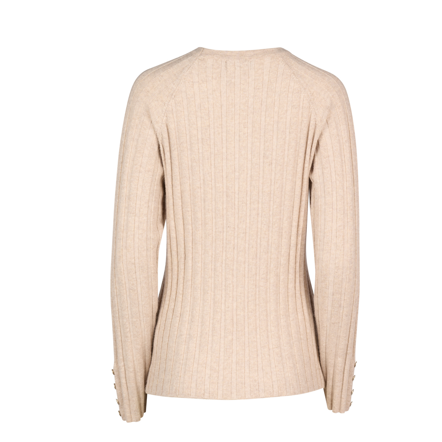 1071 Oatmeal - Round Neck Ribbed Knit Jumper with Dome Cuff Detail - Vassalli
