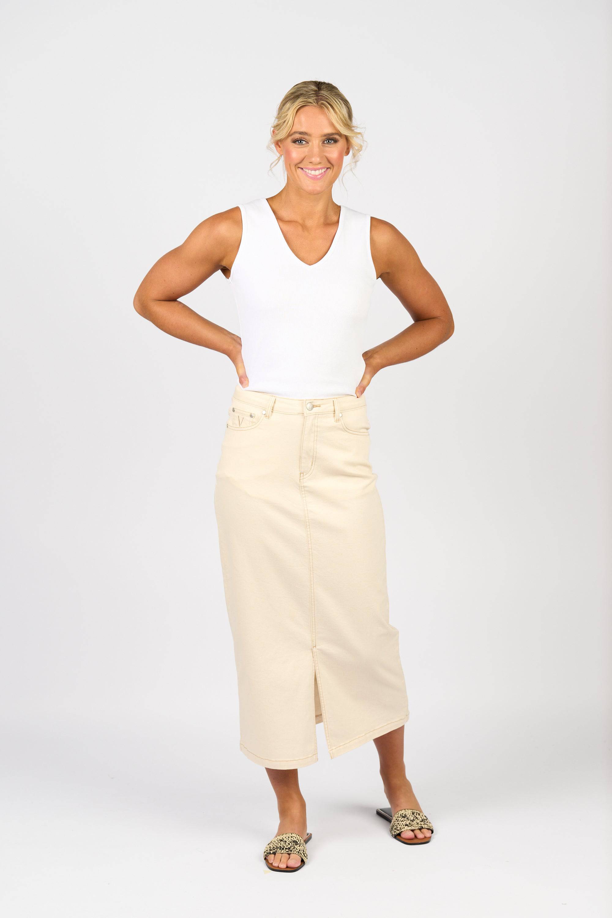 7056 Mid Length Skirt - Bone - Vassalli