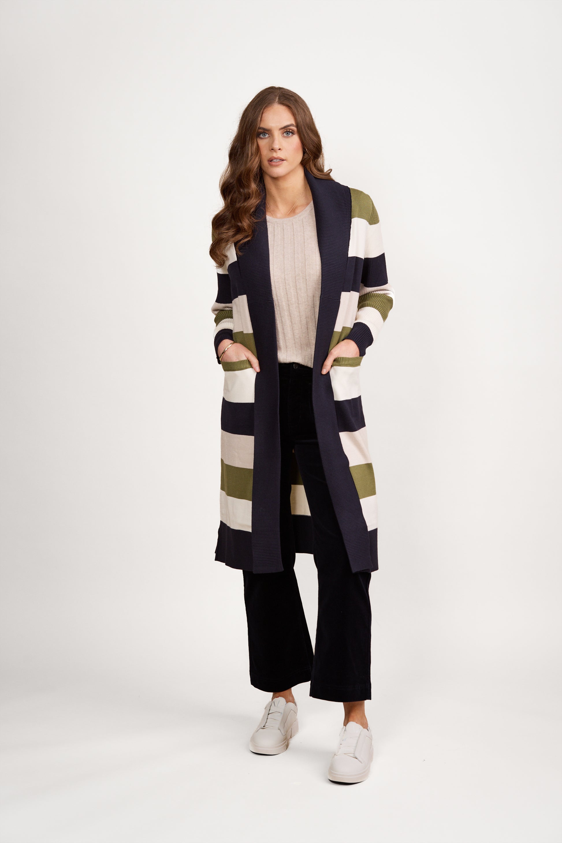 1065 Sage Stripe - Open Longline Cardi with Pockets - Vassalli