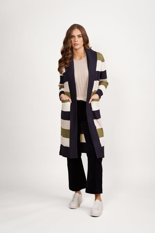 1065 Sage Stripe - Open Longline Cardi with Pockets - Vassalli