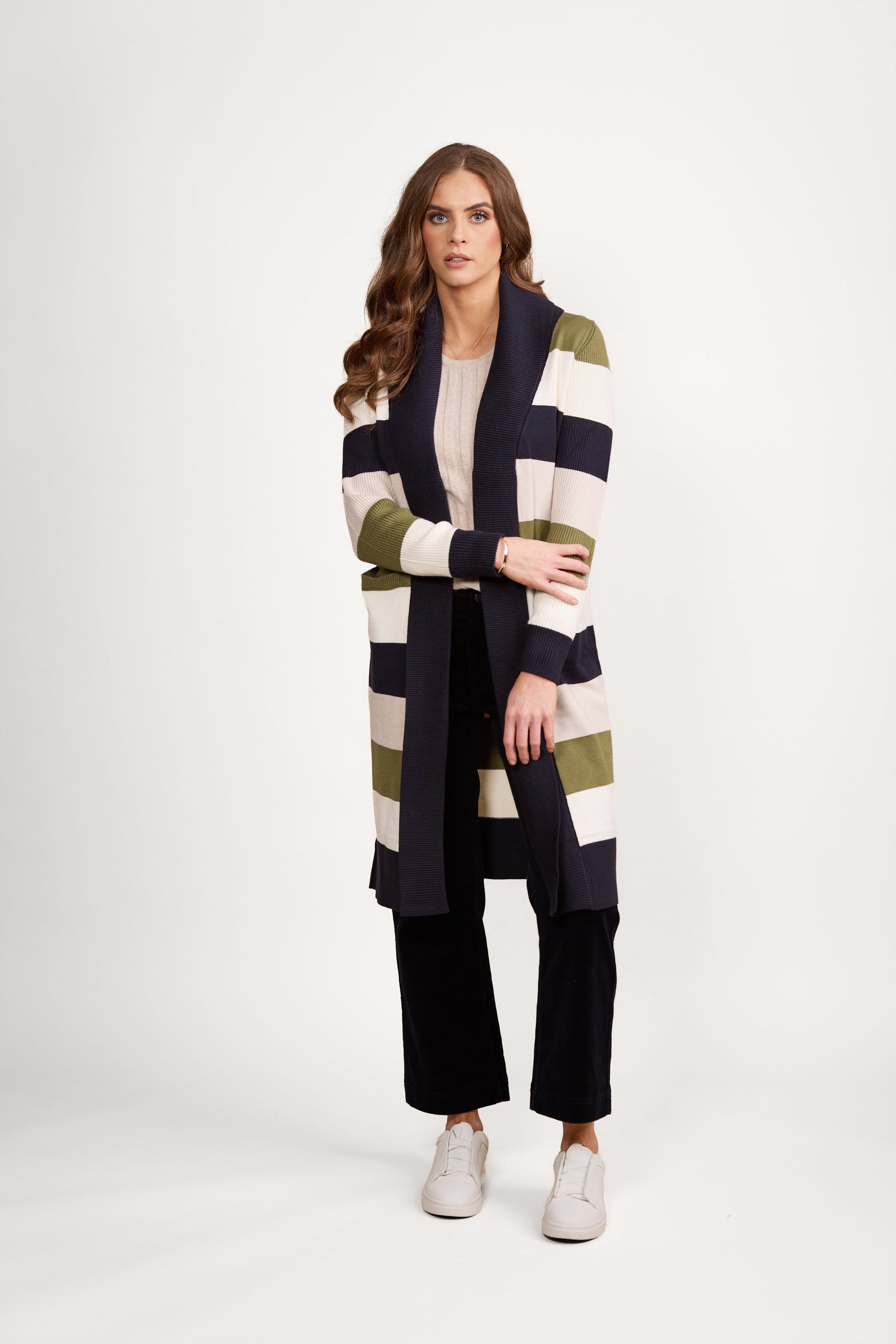 1065 Sage Stripe - Open Longline Cardi with Pockets - Vassalli