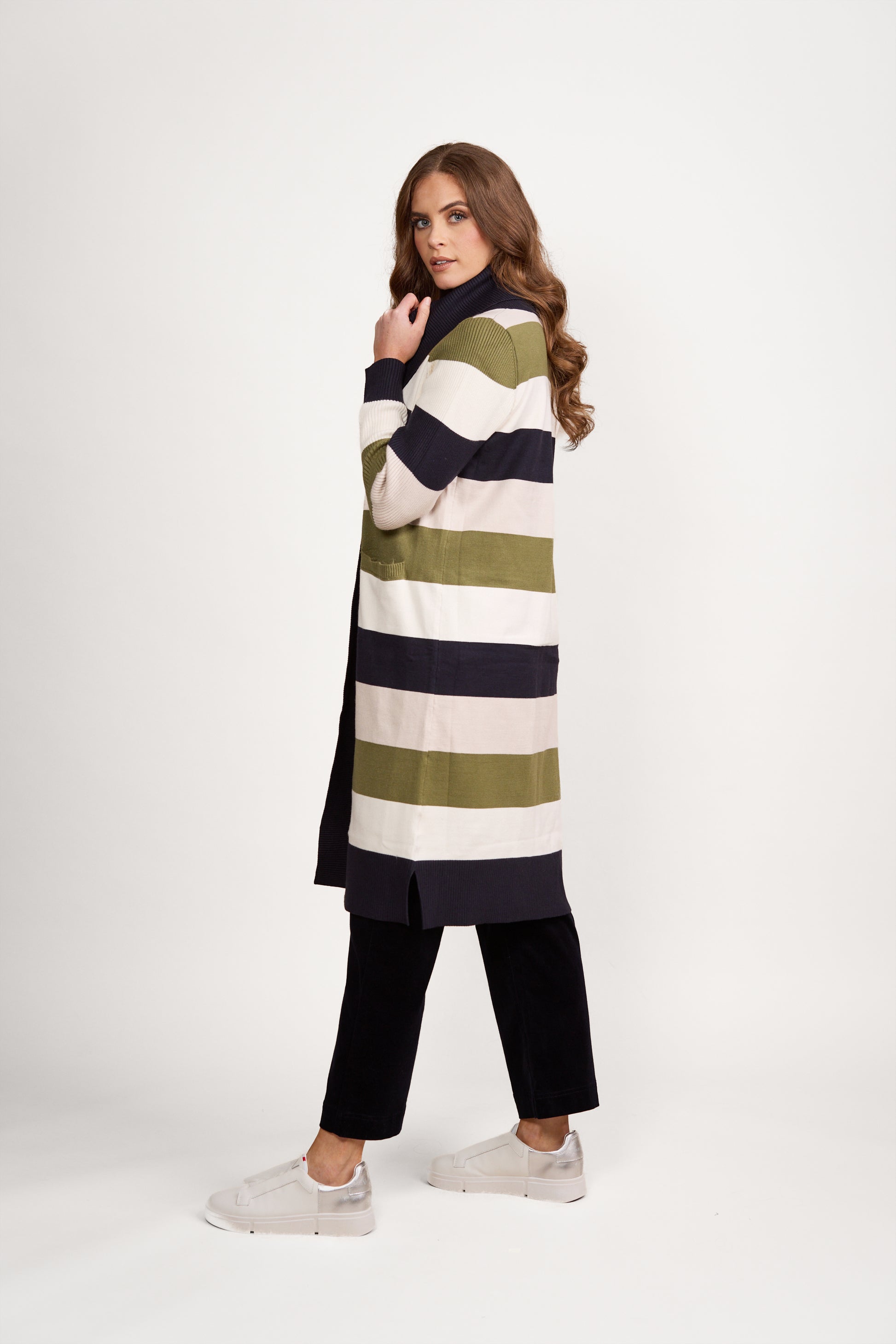 1065 Sage Stripe - Open Longline Cardi with Pockets - Vassalli