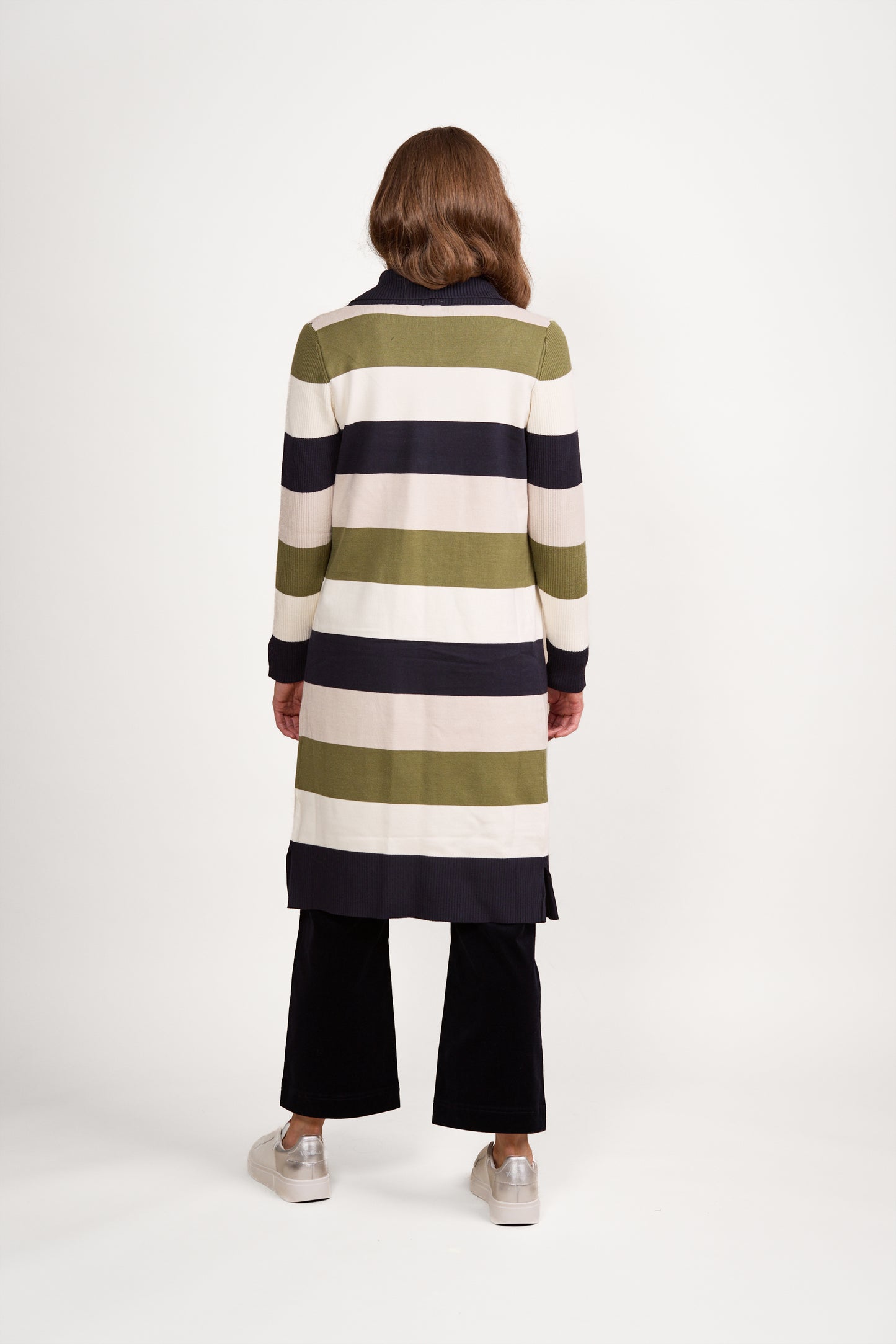 1065 Sage Stripe - Open Longline Cardi with Pockets - Vassalli