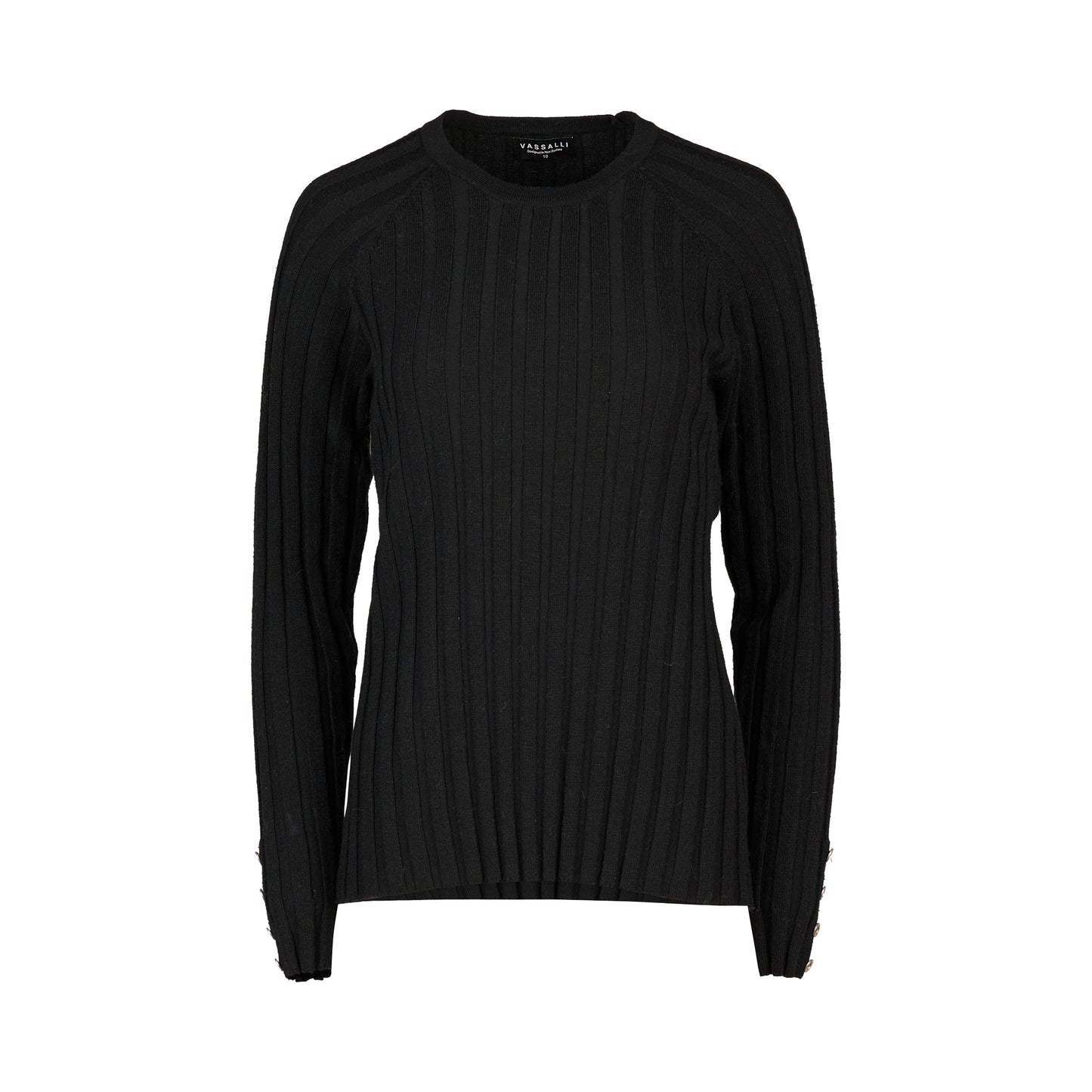 1071 Black - Round Neck Ribbed Knit Jumper with Dome Cuff Detail - Vassalli