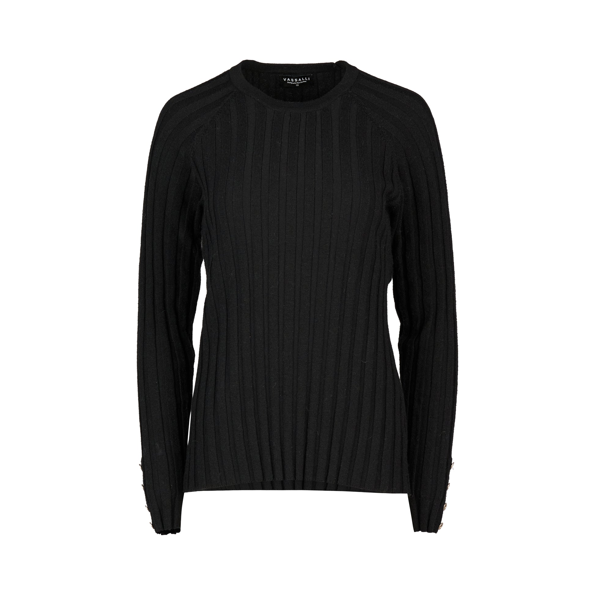 1071 Black - Round Neck Ribbed Knit Jumper with Dome Cuff Detail - Vassalli