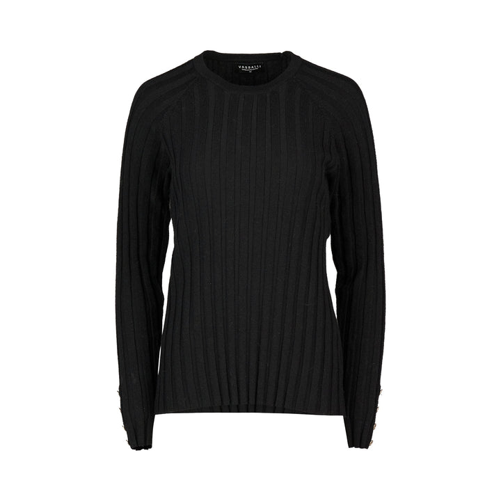 1071 Black - Round Neck Ribbed Knit Jumper with Dome Cuff Detail - Vassalli