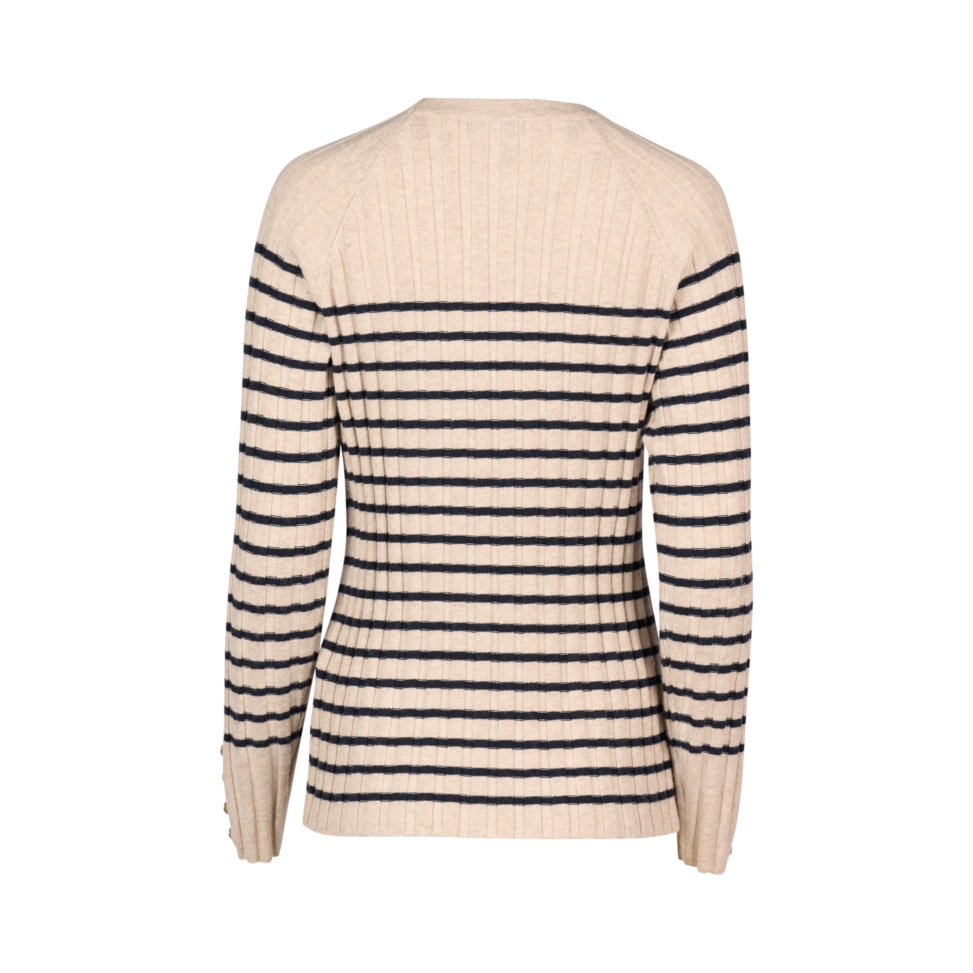 1071 Oatmeal/Ink - Round Neck Ribbed Knit Jumper with Dome Cuff Detail - Vassalli