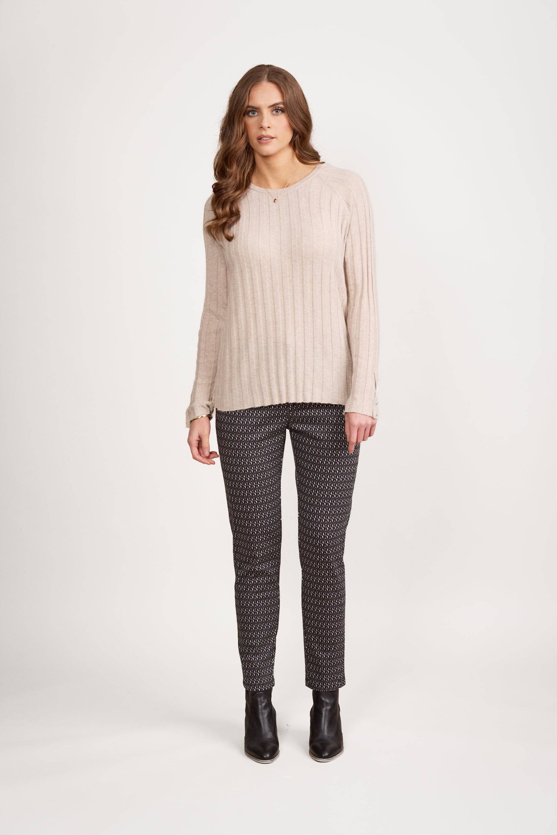 1071 Oatmeal - Round Neck Ribbed Knit Jumper with Dome Cuff Detail - Vassalli