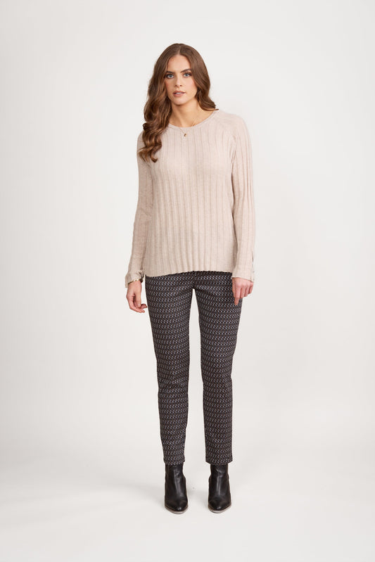 1071 Oatmeal - Round Neck Ribbed Knit Jumper with Dome Cuff Detail - Vassalli