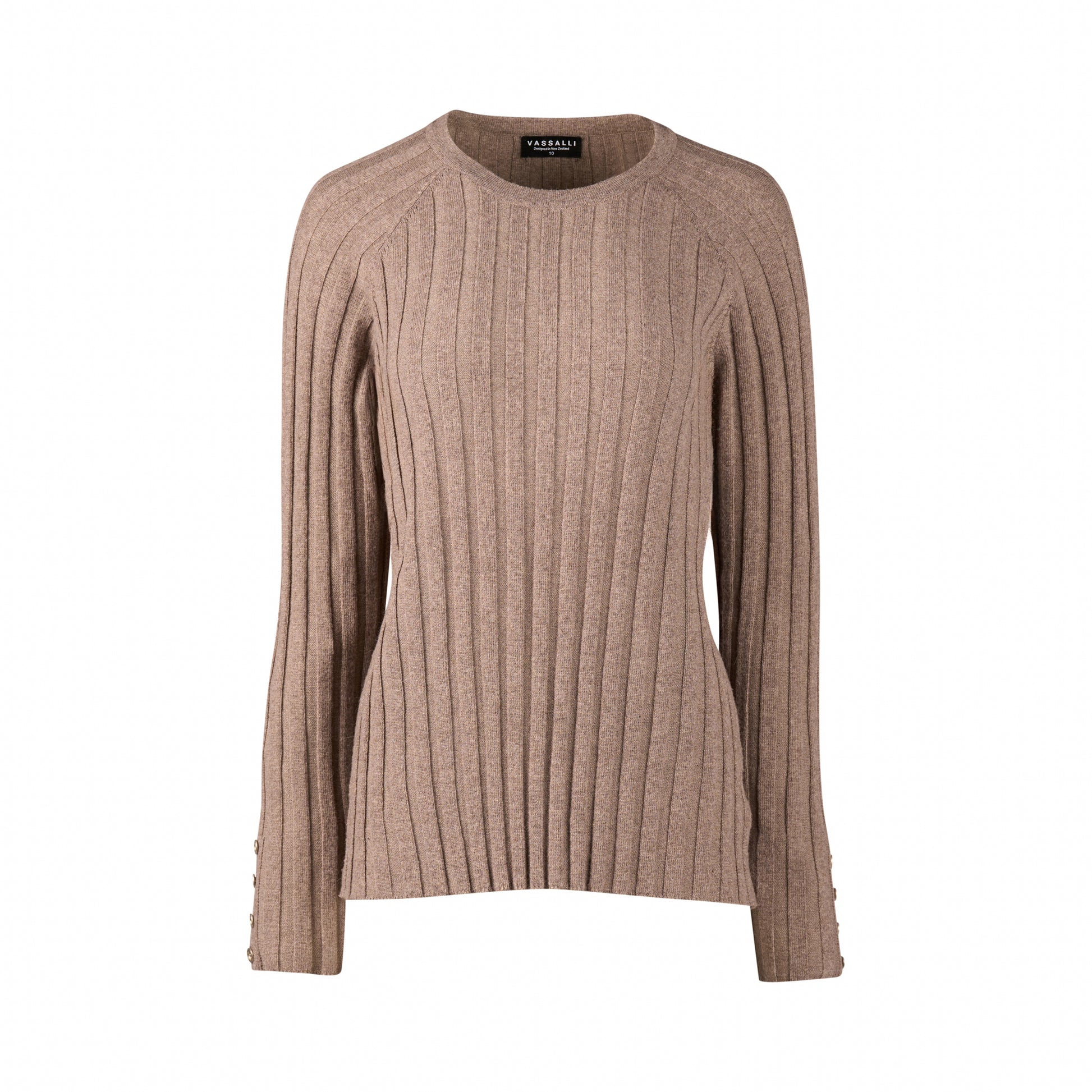 1071 Twig - Round Neck Ribbed Knit Jumper with Dome Cuff Detail - Vassalli