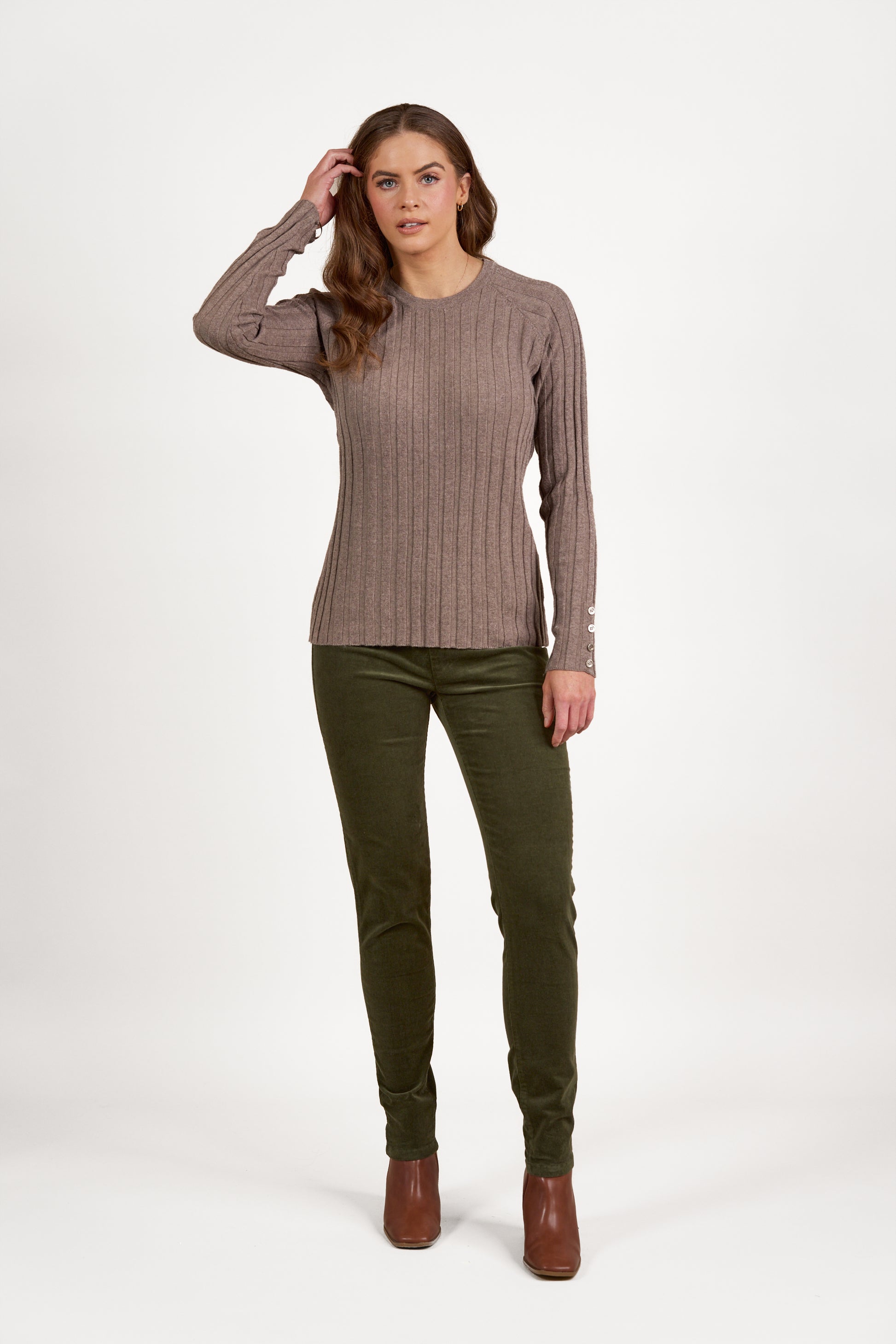 1071 Twig - Round Neck Ribbed Knit Jumper with Dome Cuff Detail - Vassalli