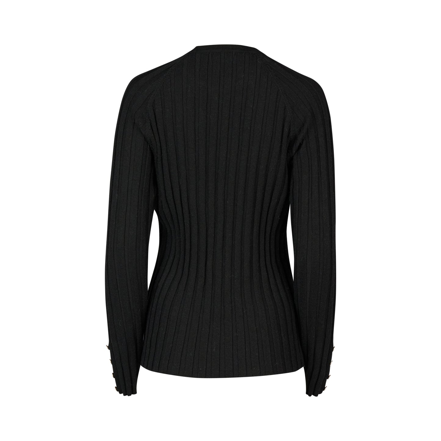 1071 Black - Round Neck Ribbed Knit Jumper with Dome Cuff Detail - Vassalli