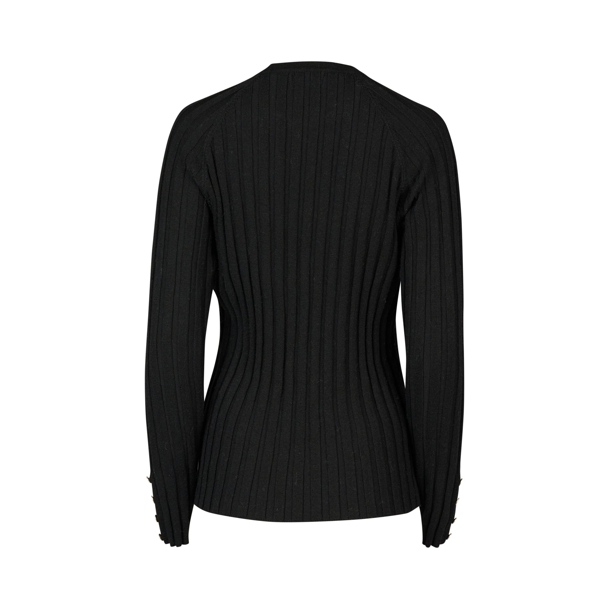 1071 Black - Round Neck Ribbed Knit Jumper with Dome Cuff Detail - Vassalli