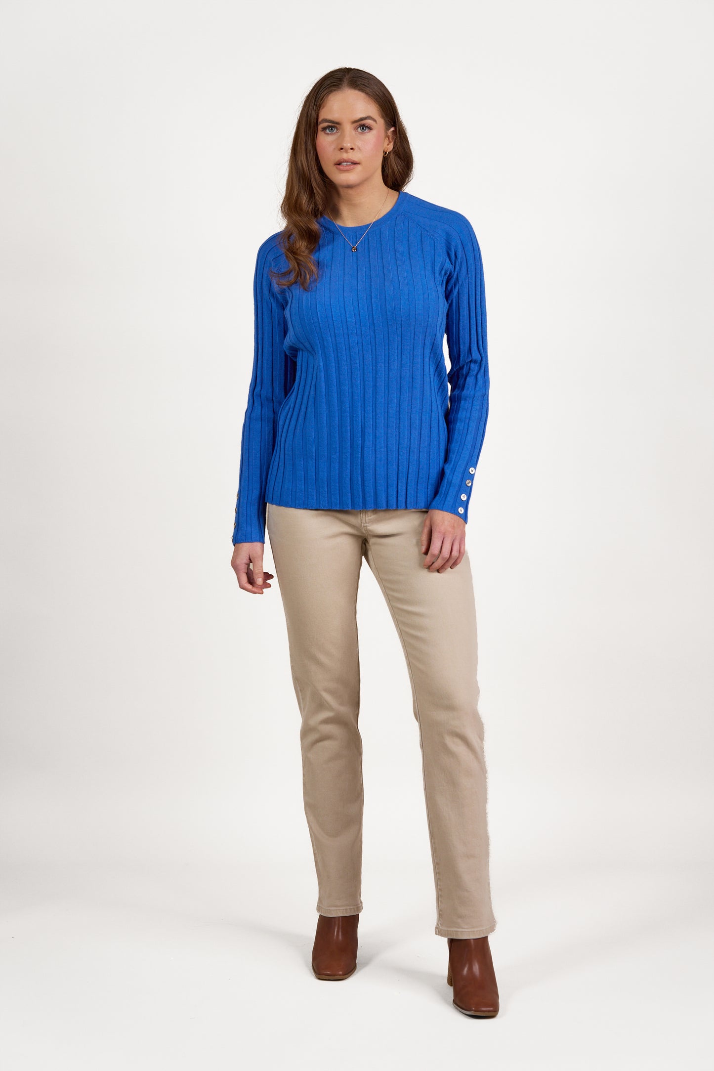 1071 Electric Blue - Round Neck Ribbed Knit Jumper with Dome Cuff Detail - Vassalli