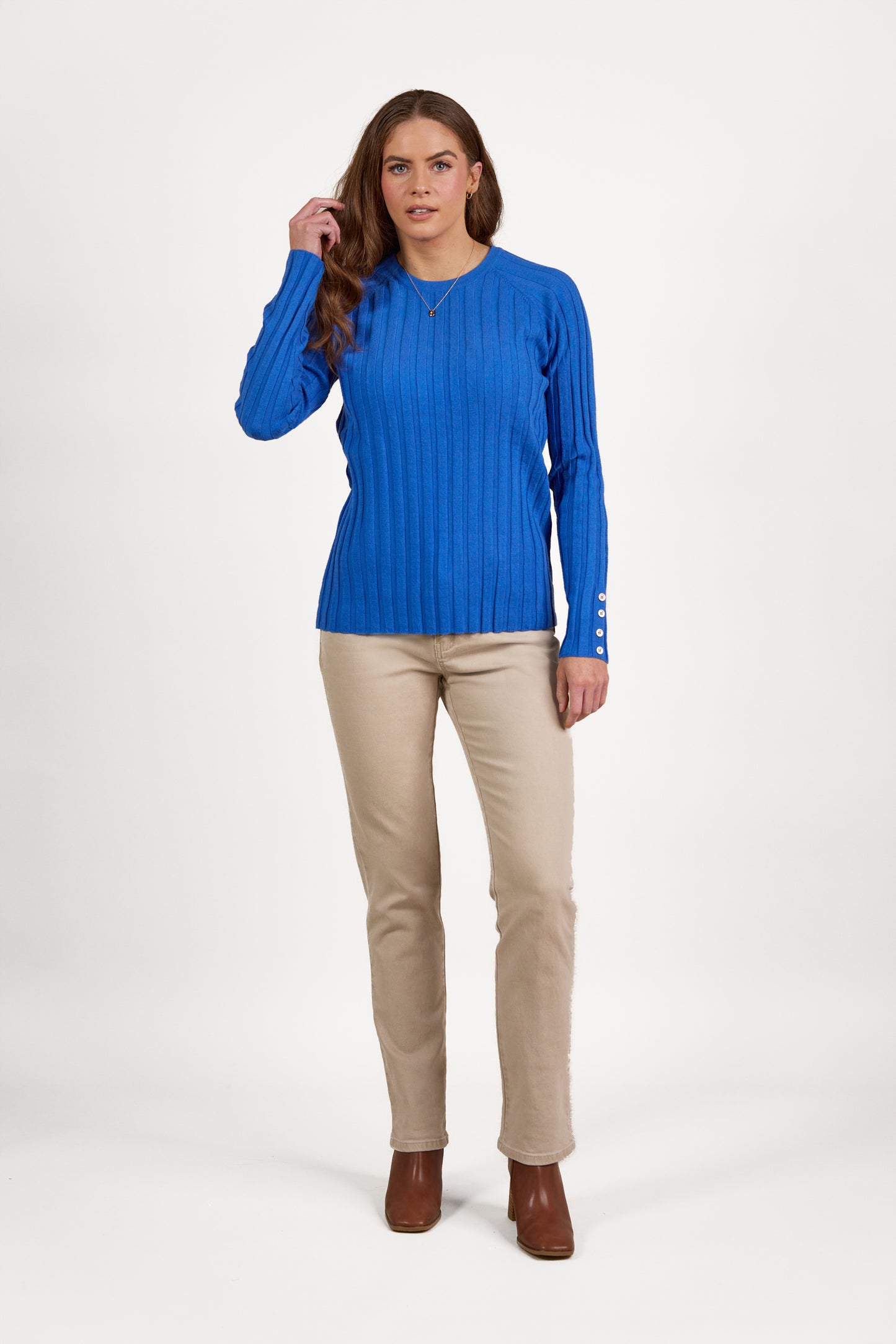 1071 Electric Blue - Round Neck Ribbed Knit Jumper with Dome Cuff Detail - Vassalli