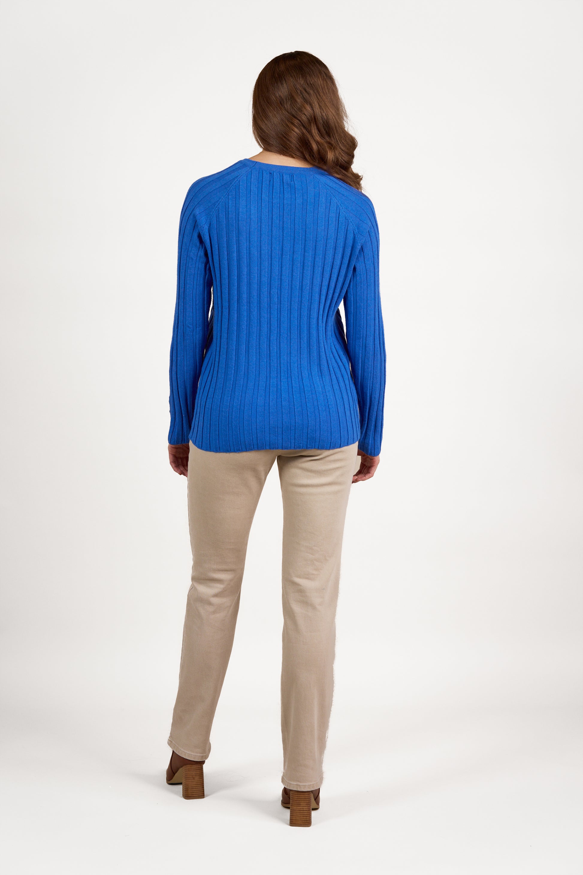 1071 Electric Blue - Round Neck Ribbed Knit Jumper with Dome Cuff Detail - Vassalli